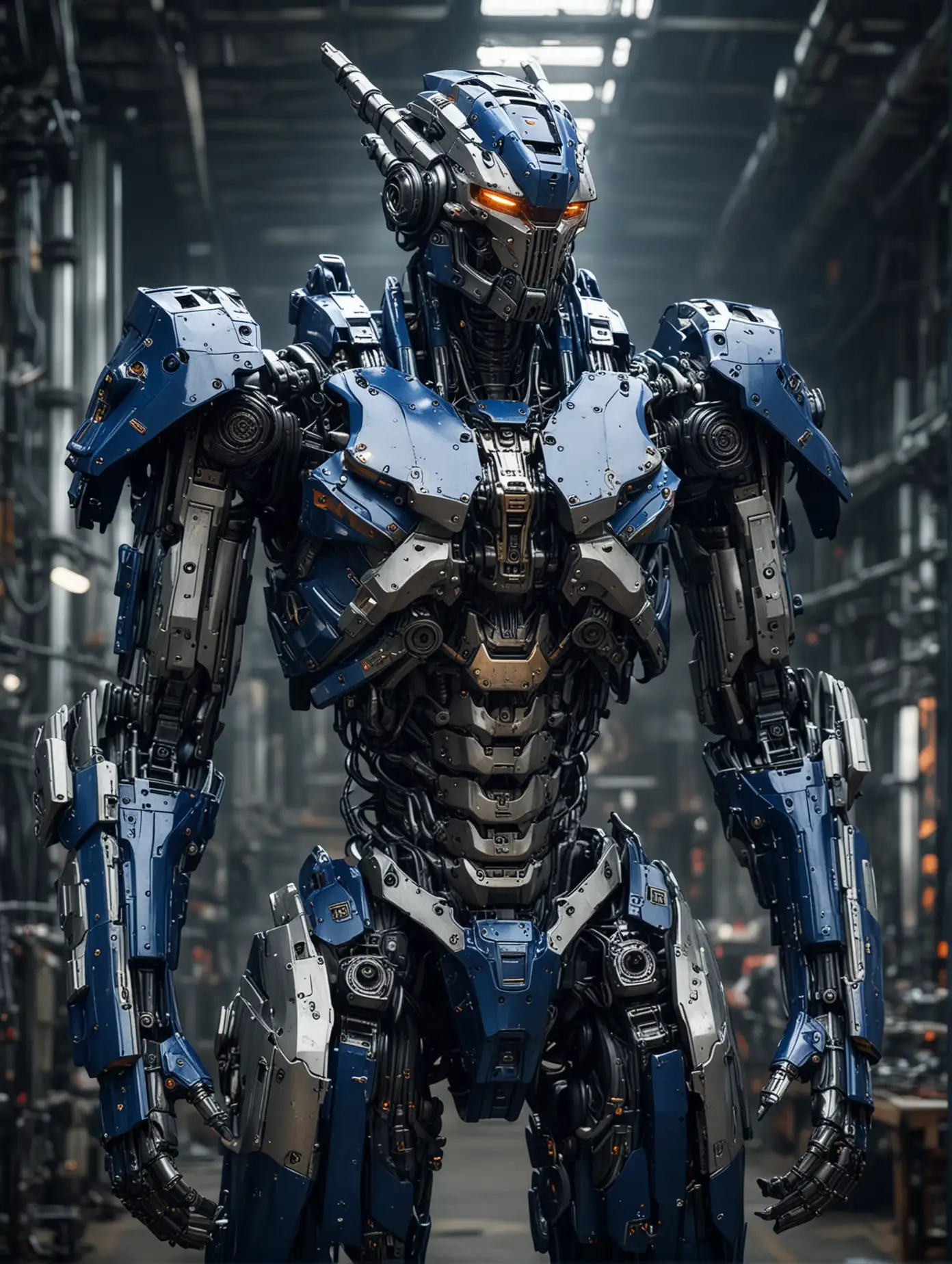 An image of a 10 feet tall mech suit, coloured in dark blue and silver, heavily armed and armoured, chest resembling a ribcage, blades, guns, and small horns, inside a factory, in a detailed cyberpunk like style