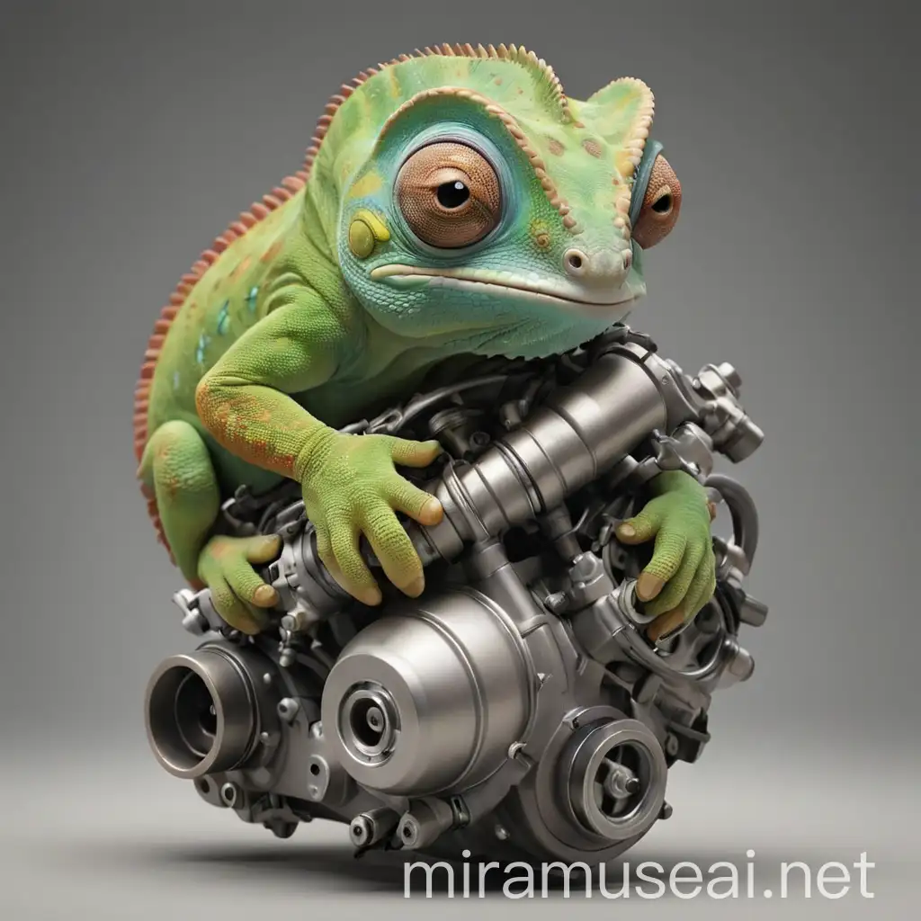 a chameleon animal hugging a turbo engine