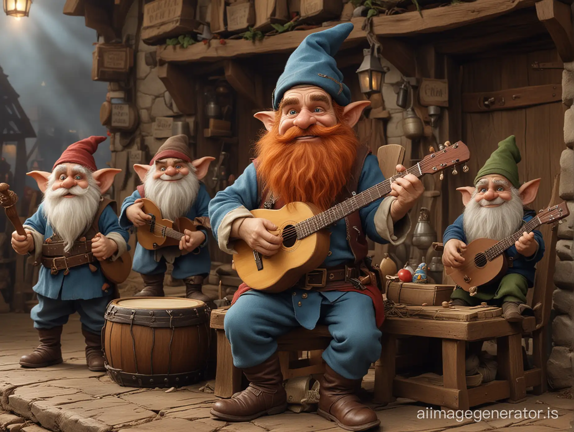 (young Huey Lewis as a dwarf with a long red beard) (a gnome playing a lute dressed in blue) (a goblin playing a keyboard) (a human playing a drum) (bards) on stage in a tavern playing music, fantasy, full body