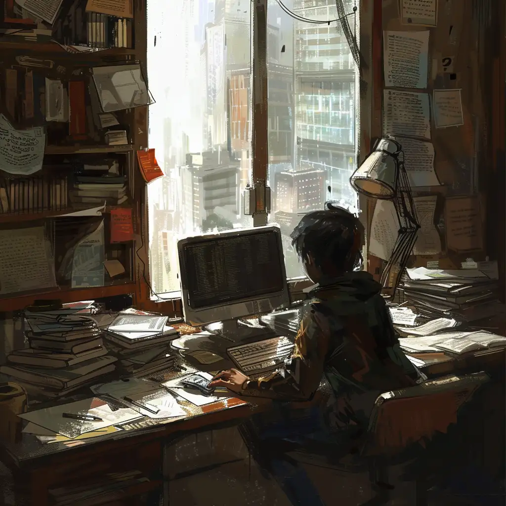 Focused-Professional-at-Desk-with-Papers-and-Books-Near-Window