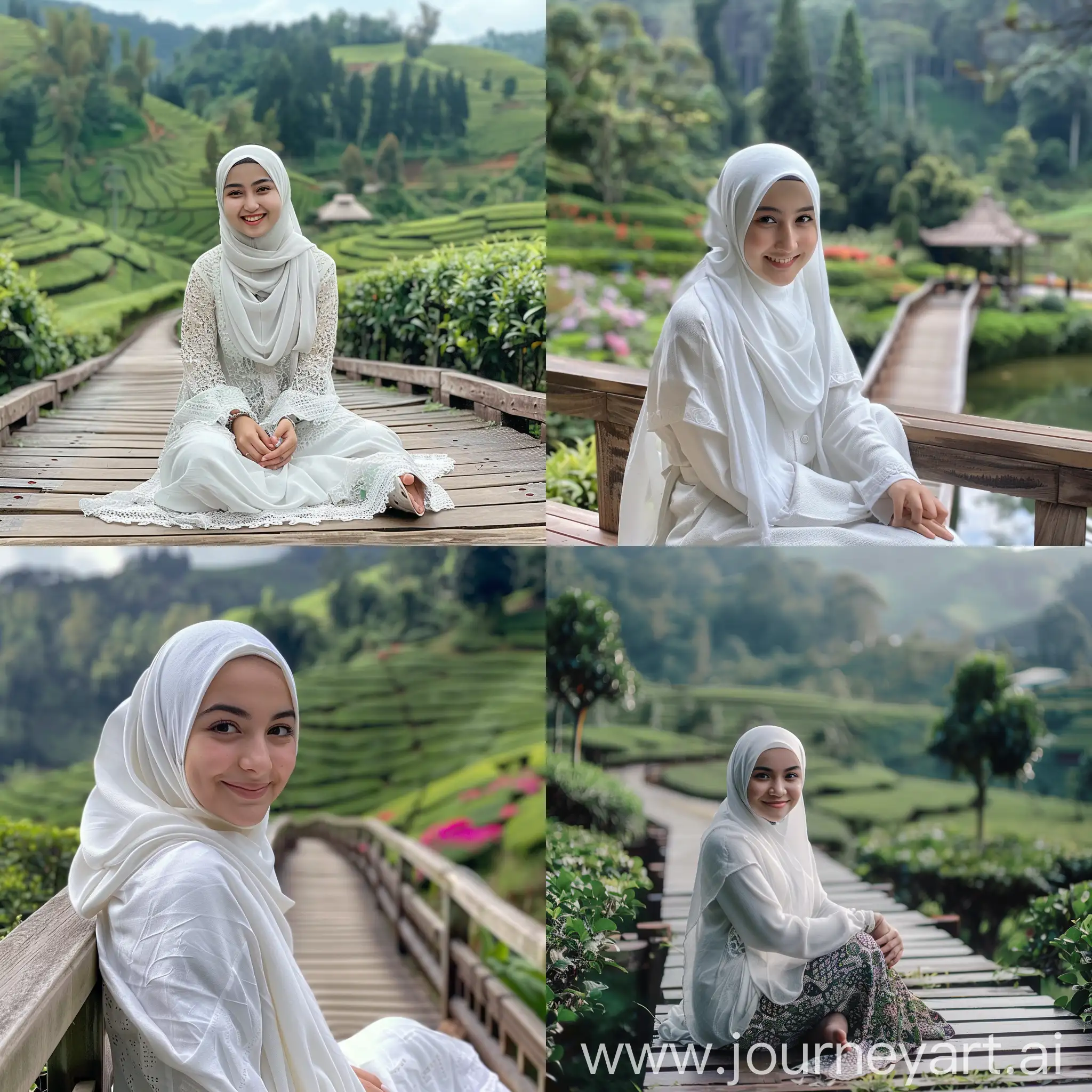 Smiling-Girl-in-White-Hijab-on-Wooden-Bridge-with-Tea-Garden-Background