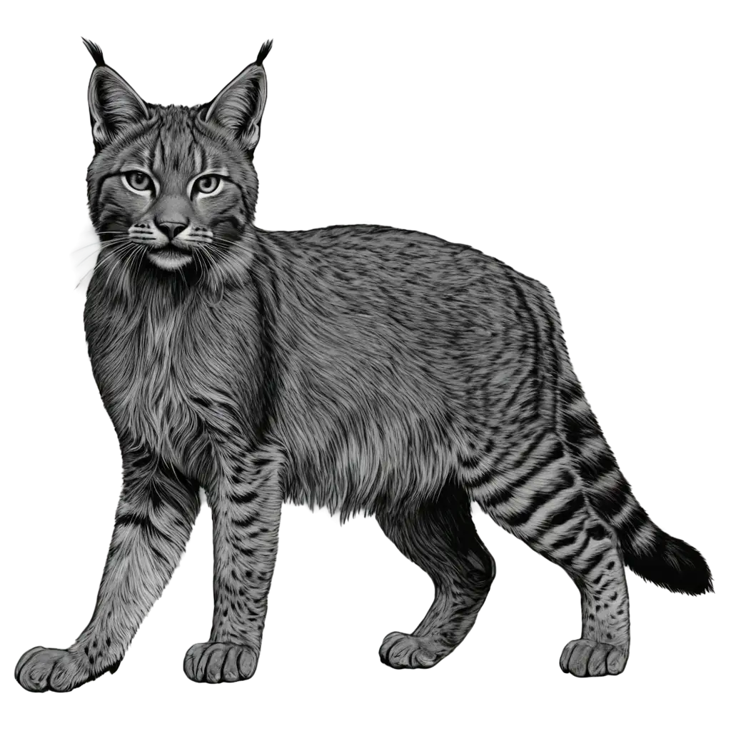Highly-Detailed-Black-and-White-PNG-Illustration-of-a-Anthropomorphic-Lynx-with-White-Background