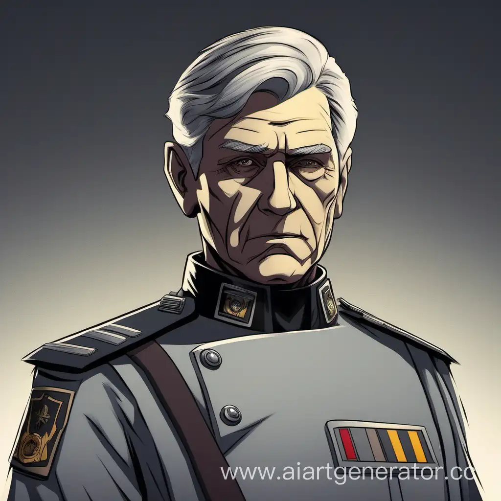 Офицер в стиле звездных войн в серой форме похожей на немецкую с серыми волосами и худым телосложением 
