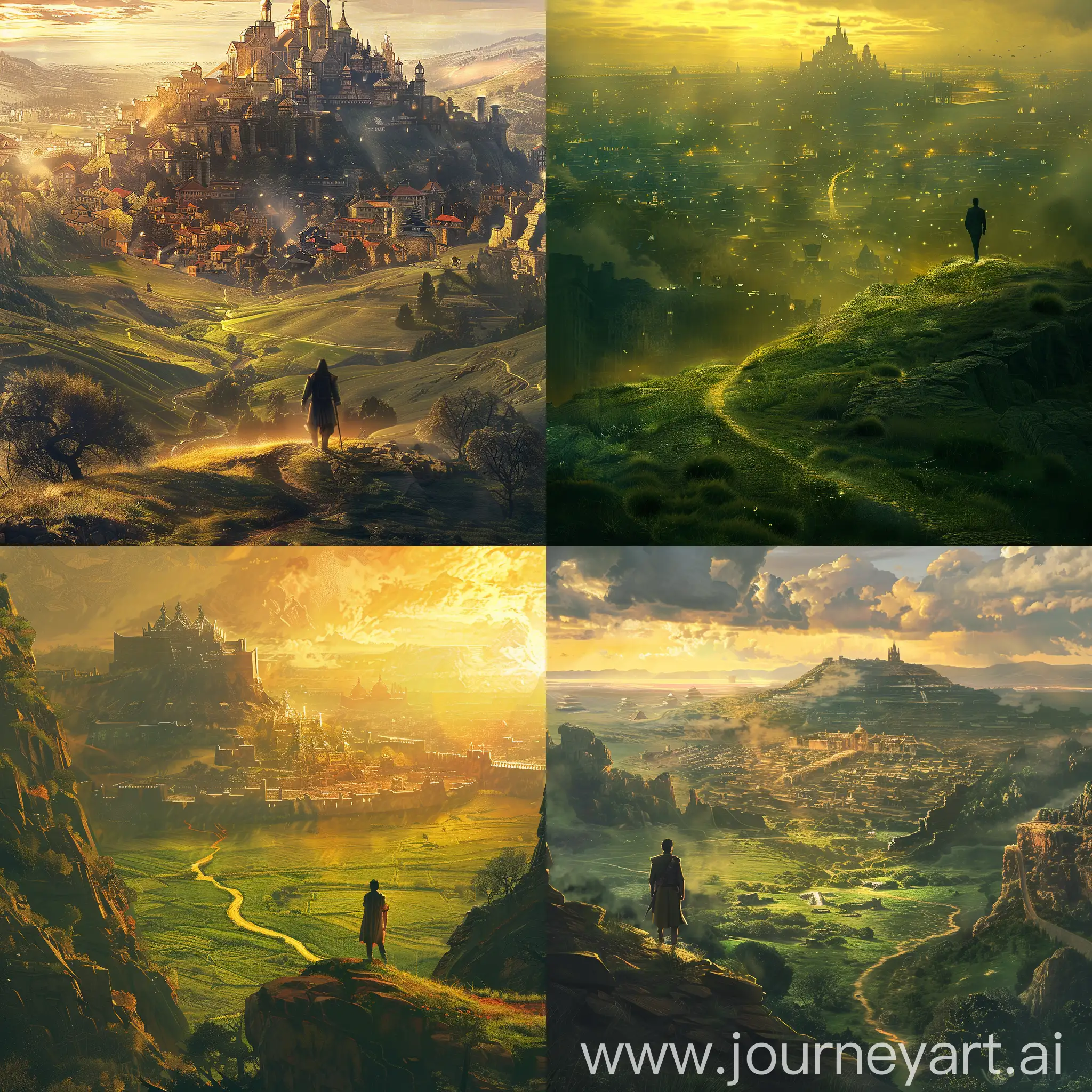 A man stands on a hill and looks into the distance. at the bottom of the hill is a field with green grass, a path leads to the ancient eastern city. the city is illuminated by sunlight in the distance.  in the style of the muttfilm of Zveropolis