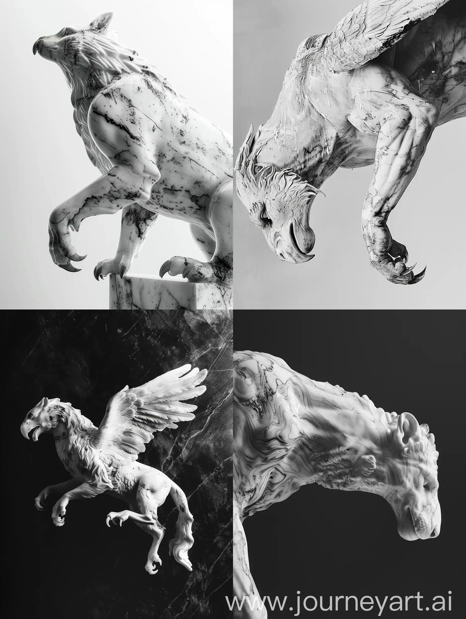side view from below of mythical marble griffin, artistic photo, porcelain skin, alcohol black and white ink 