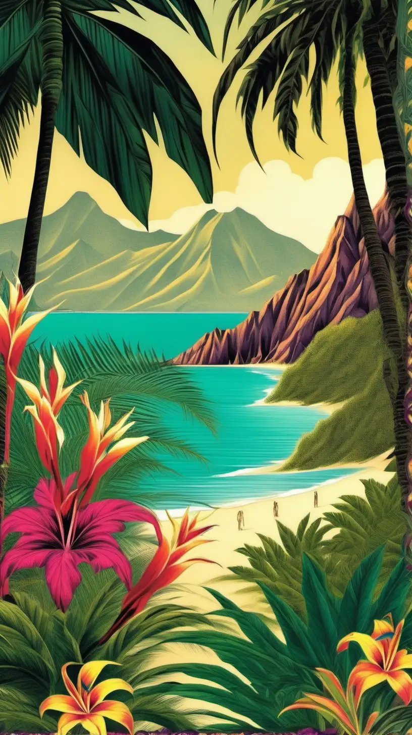Tropical view on the beach, exotic flowers and vegetation,  irregular mountains, harlem renaissance