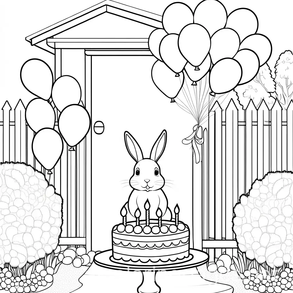 A bunny rabbit in the backyard at a birthday party with balloons and a cake

, Coloring Page, black and white, line art, white background, Simplicity, Ample White Space. The background of the coloring page is plain white to make it easy for young children to color within the lines. The outlines of all the subjects are easy to distinguish, making it simple for kids to color without too much difficulty