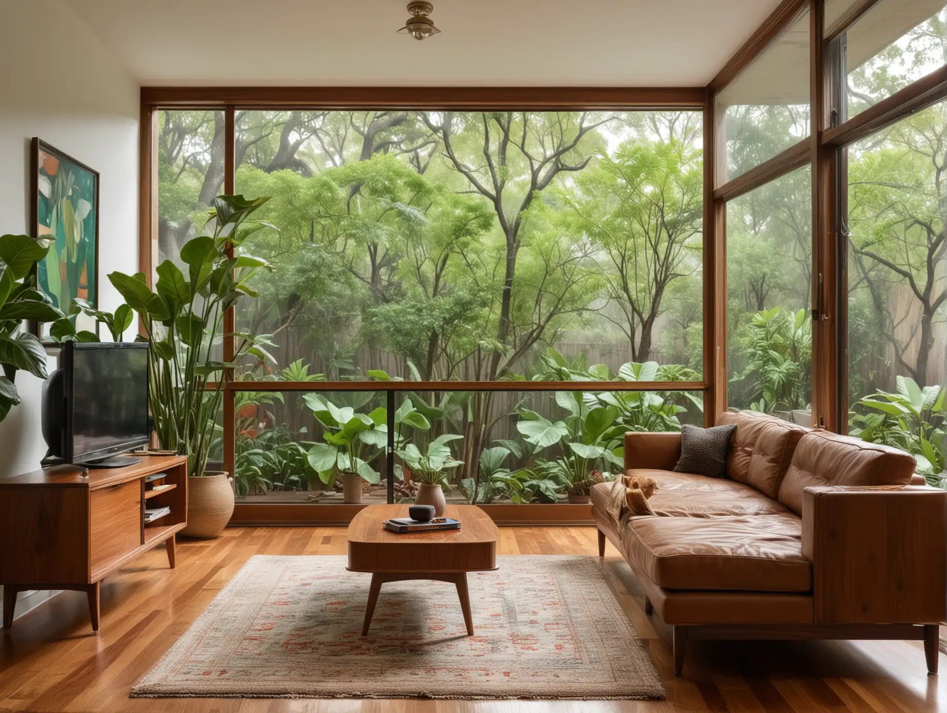 A mid-century modern living room with l-section sofas bathed in shades of brown and green, featuring wooden floors, a walnut credenza, house plants like fiddle leaf figs, and a panoramic window offering a view of the backyard under a gentle rain.