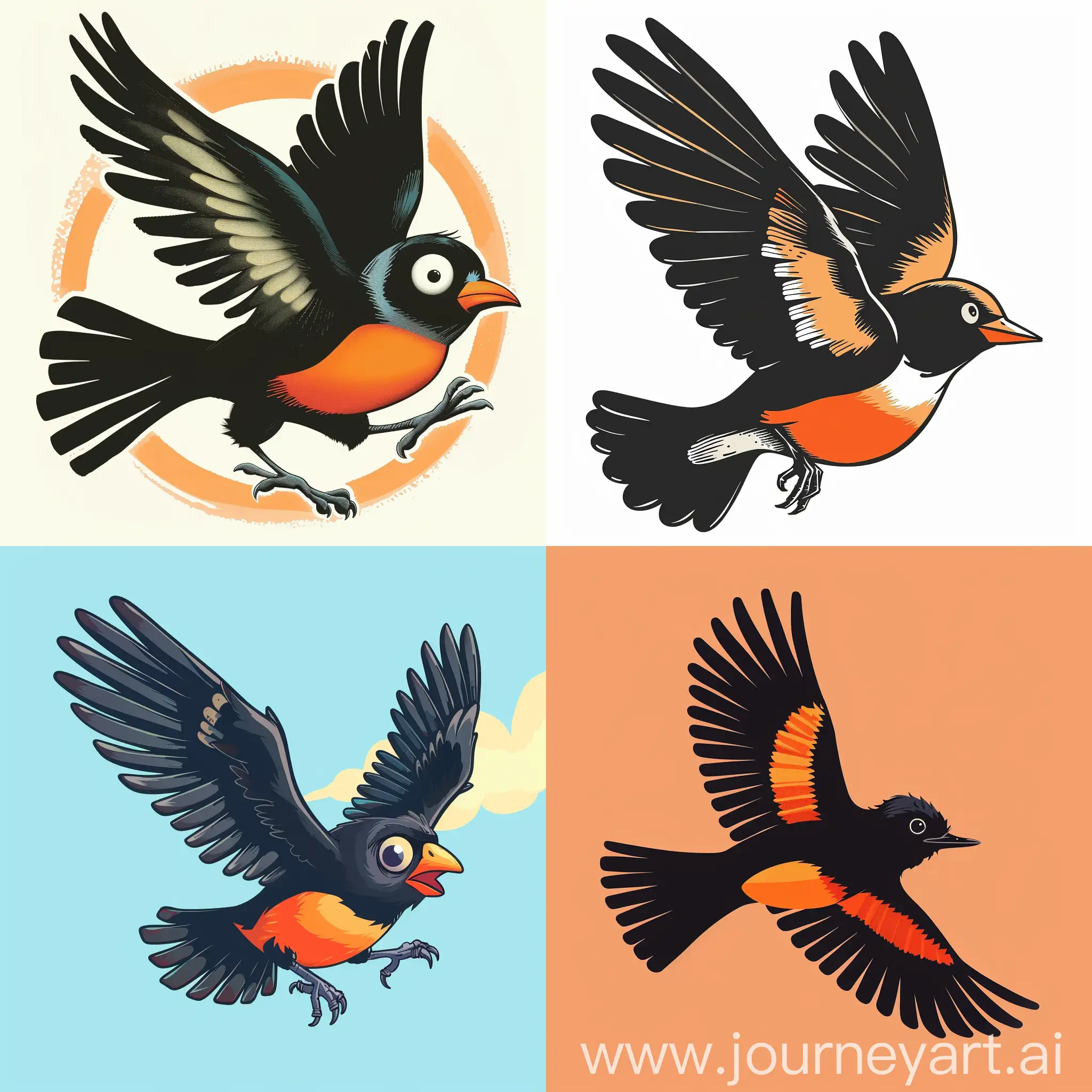 black bird with orange belly flying illustrator vintage retro style cartoon cuphead
