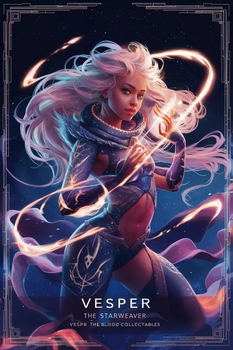 design a 8k card bold title: 'New Blood Collectables' featuring"Vesper, the Starweaver" the "Astral Kinetic" with a detailed 8k illustration, kinetic border
Stats:
    - Strength: 5/10
    - Speed: 7/10
    - Intelligence: 9/10
    - Fear Factor: 6/10
Abilities:
    - Stellar Shield: Vesper summons a shield of starlight, absorbing damage
    - Cosmic Weave: Vesper's attacks deal damage and briefly disorient enemies
    - Astral Insight: Vesper's presence grants nearby allies increased awareness and intuition
    - Galactic Surge: Vesper's presence boosts nearby allies' speed and agility
Description: Vesper is a starweaver who harnesses the power of the cosmos to protect and disorient her foes.