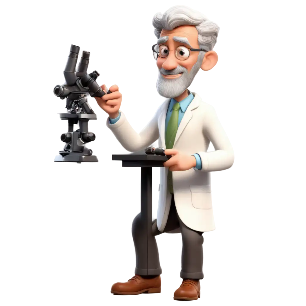 cartoon old researcher with white lab coat using microscope 3D