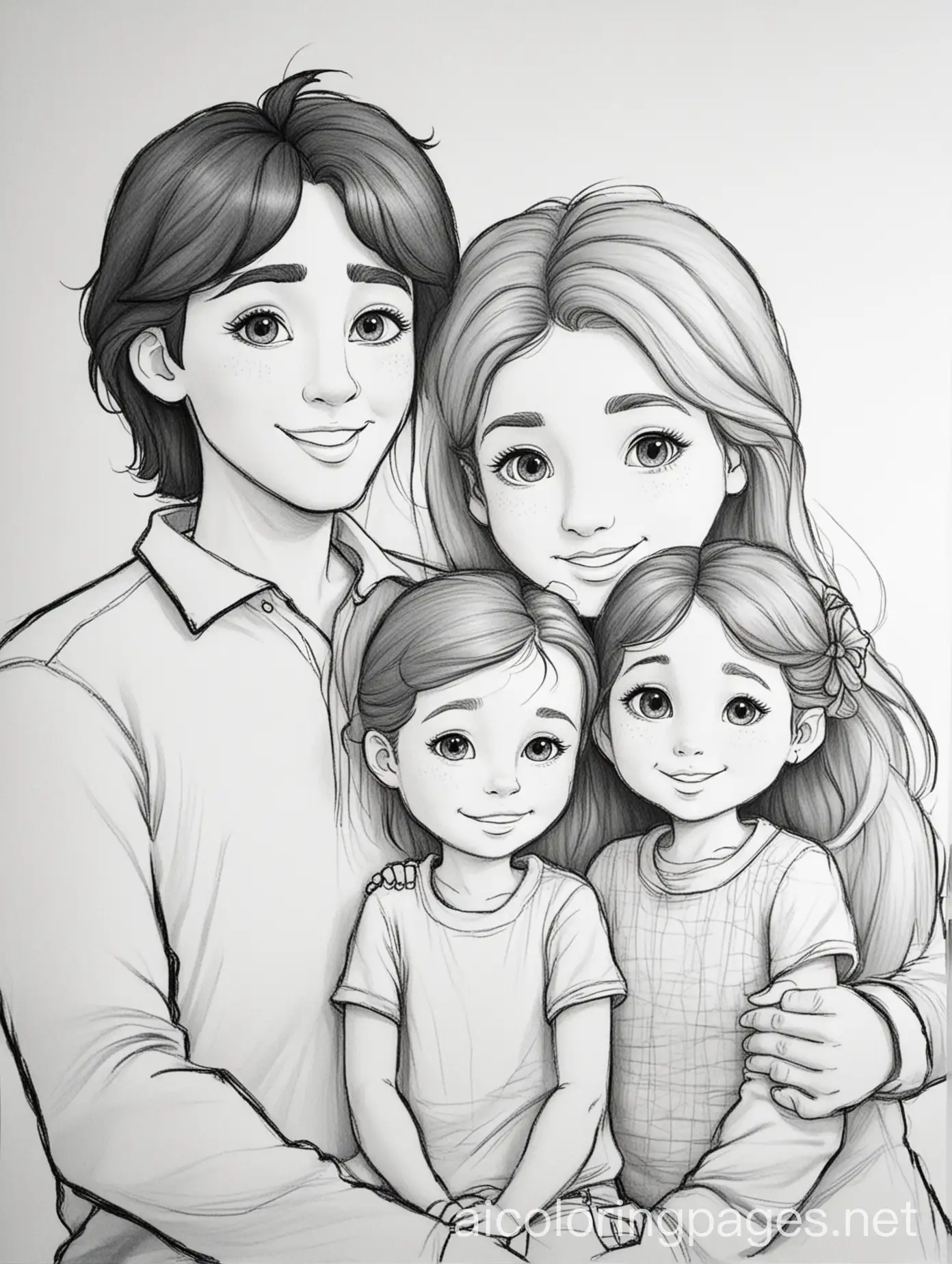 Loving Family Environment , Coloring Page, black and white, line art, white background, Simplicity, Ample White Space. The background of the coloring page is plain white to make it easy for young children to color within the lines. The outlines of all the subjects are easy to distinguish, making it simple for kids to color without too much difficulty