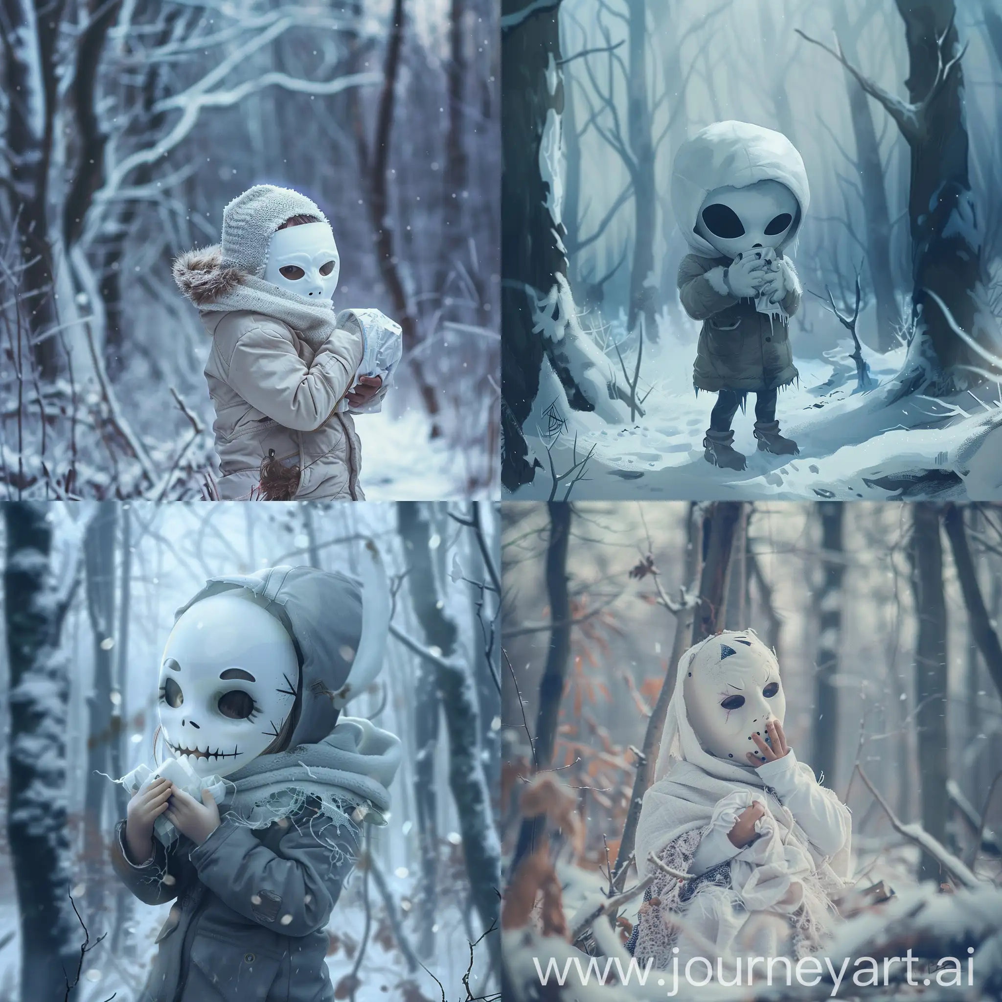 create an image inspired by a incerraat child in an wintery forrest, the child is wearing a white creapy mask and is holding sick
