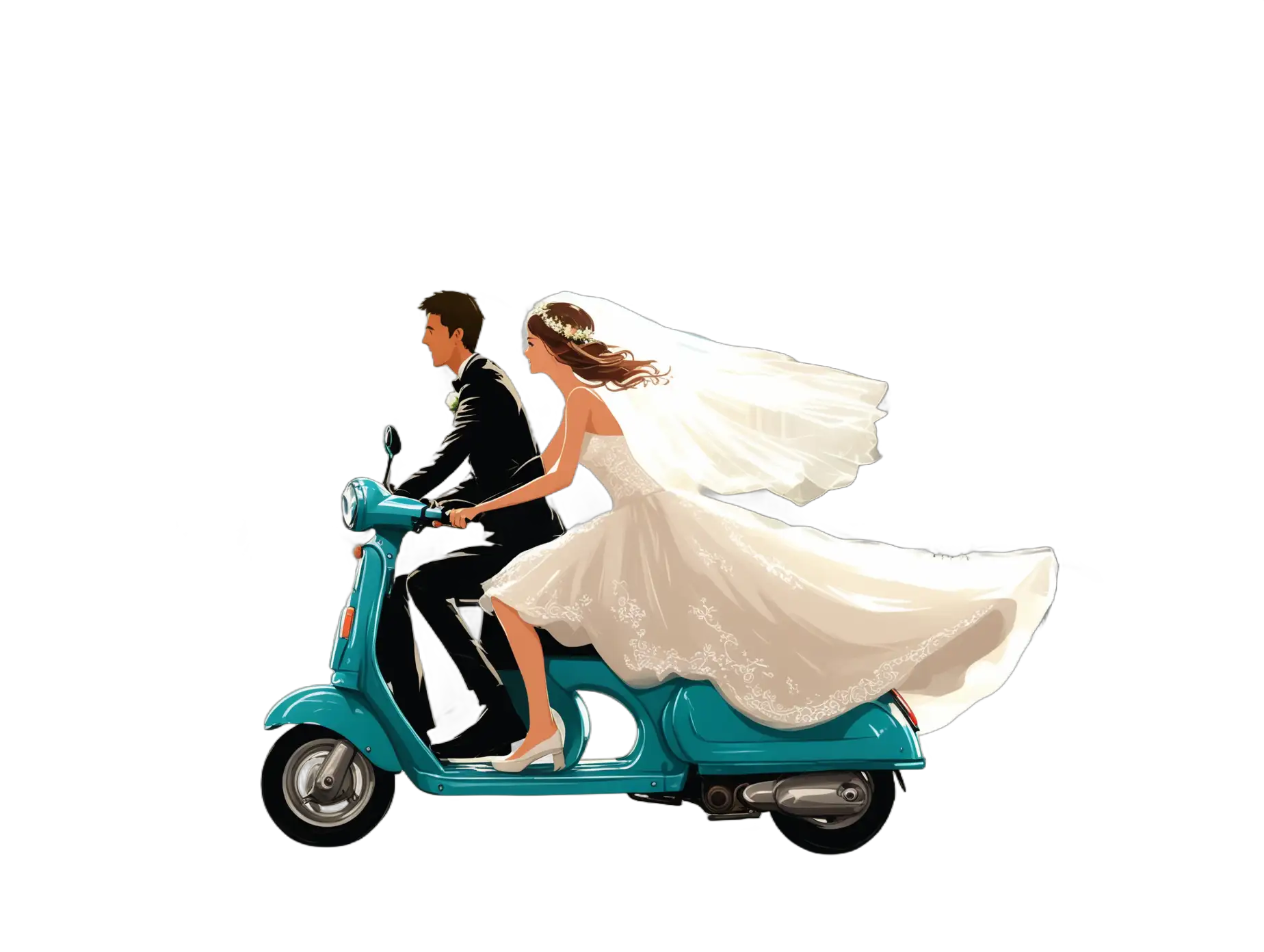 Город, солнце, сочи, море, скутер мчится по дороге, на скутере парень и девушка в свадебном платье, вид сбоку, плоское изображение