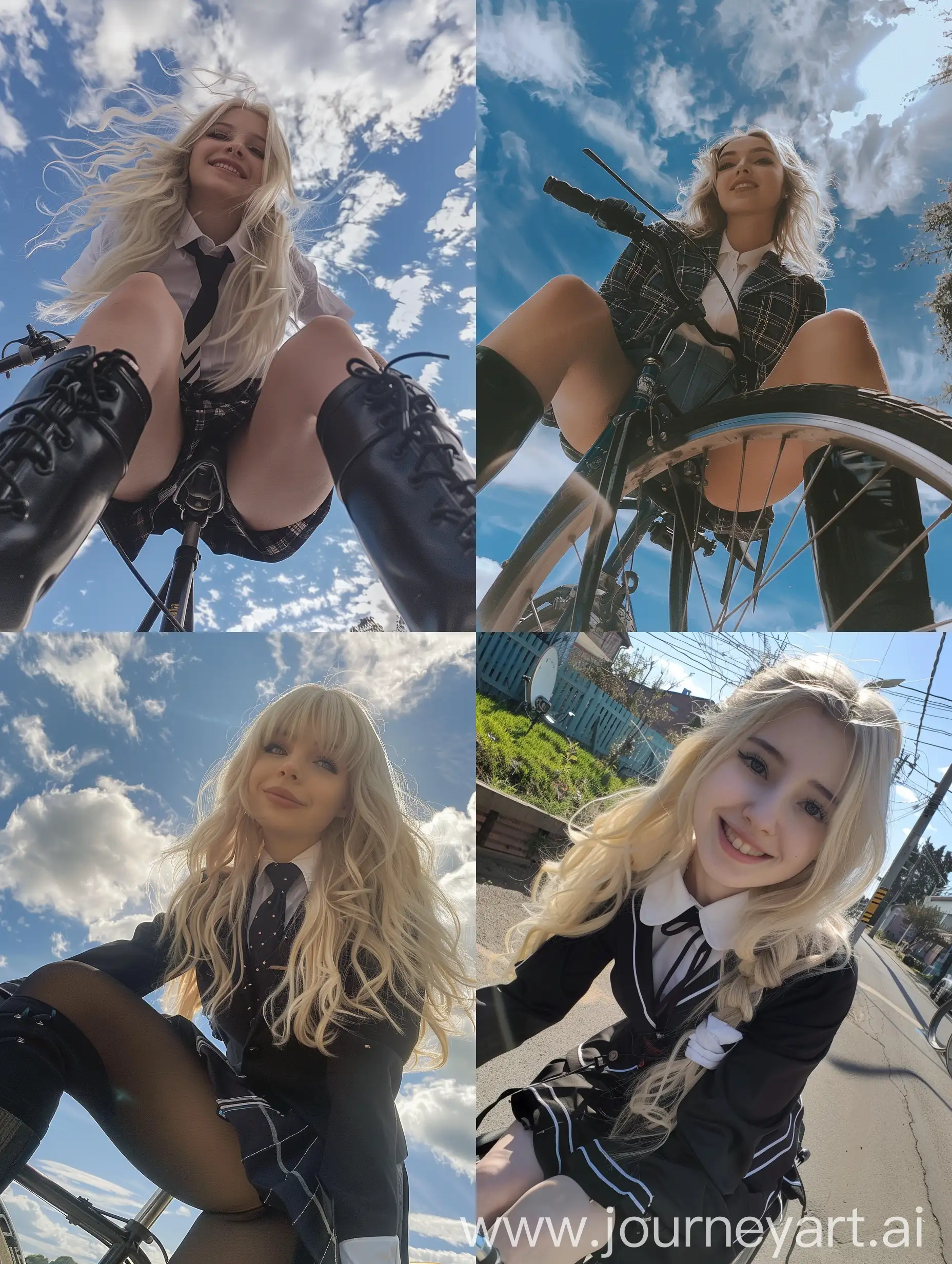 Blonde-Girl-in-School-Uniform-Riding-Bicycle-Selfie