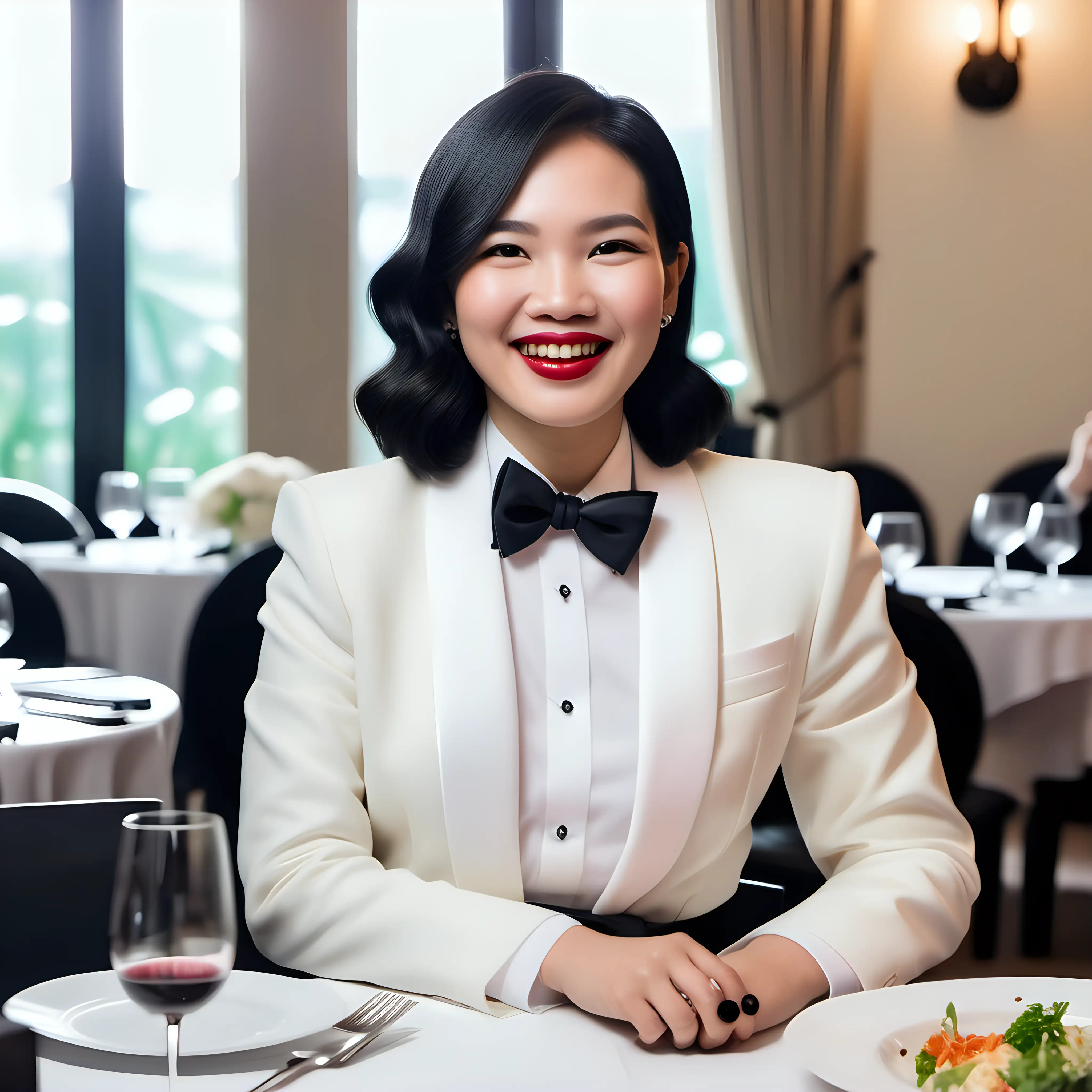 Elegant and sophisticated and smiling and laughing and confident 30 year old Vietnamese woman with shoulder length black hair and lipstick wearing a black tuxedo jacket with a (white shirt and a black bow tie and black cufflinks) and sitting at a dinner table.  Her jacket is open and has a corsage.