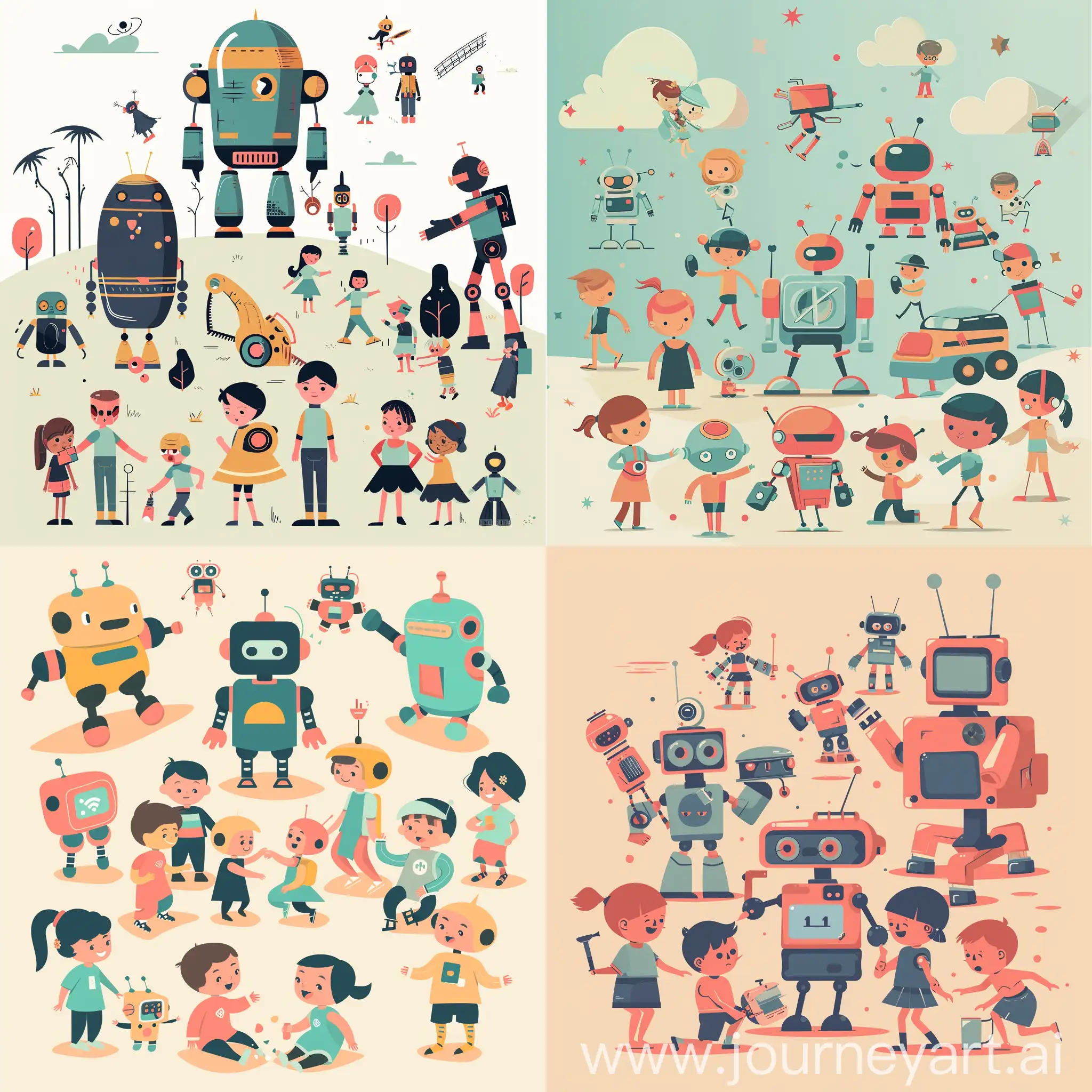 Robots-and-Children-Playing-Together-in-Flat-Style-Illustration