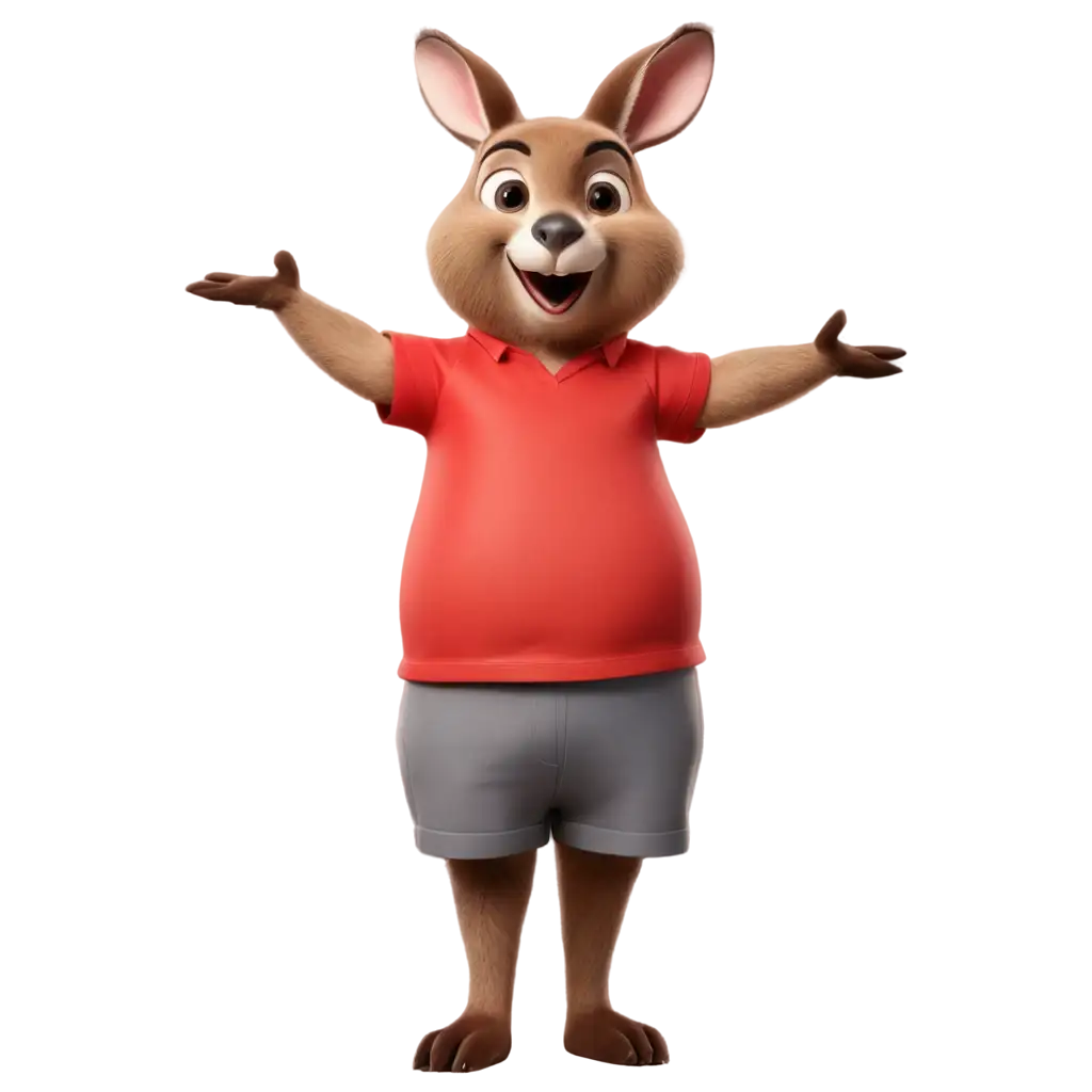 Create an adorable, chubby kangaroo character wearing a bright red T-shirt, standing confidently with full straight arms open 