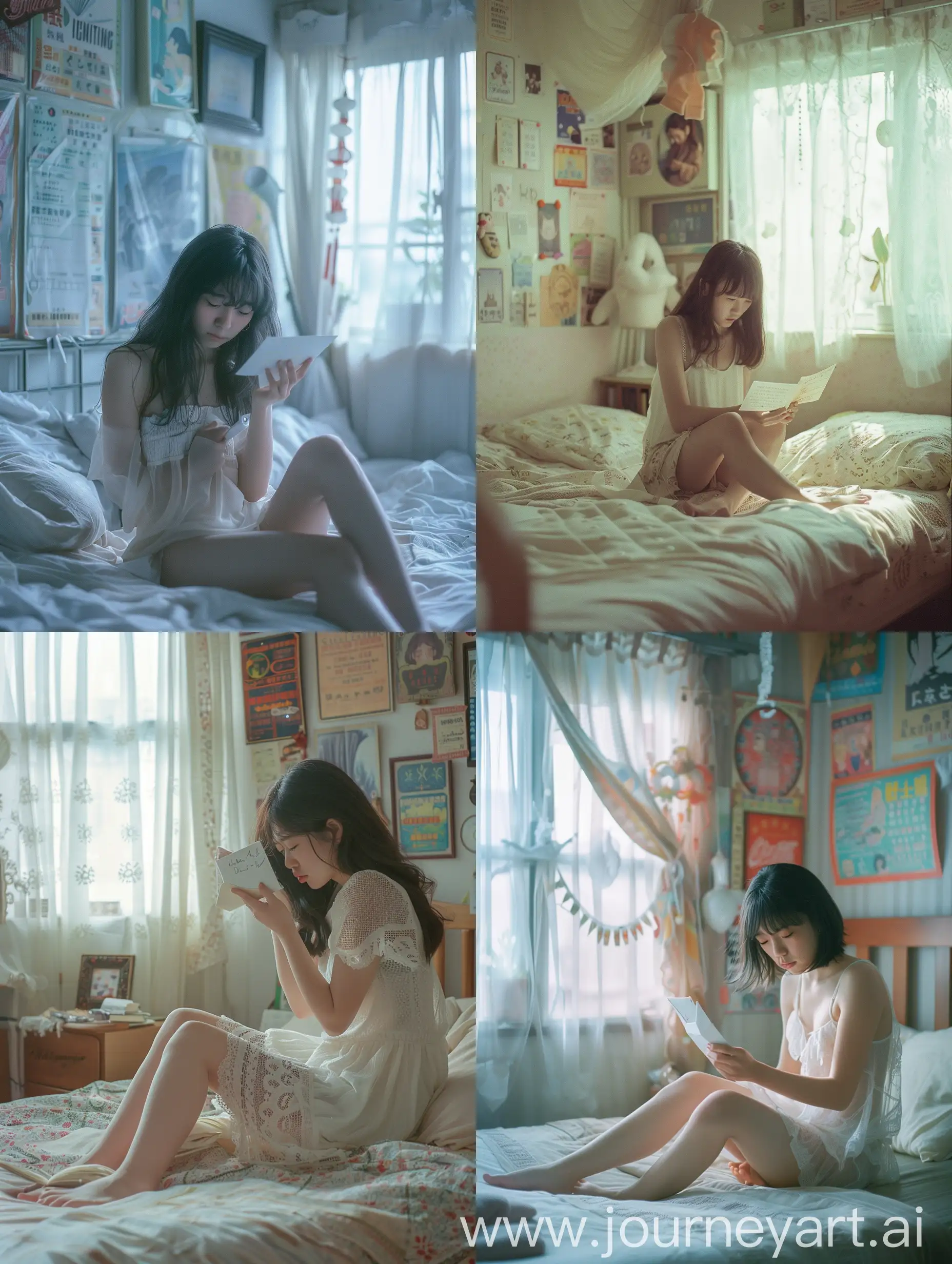 Asian girl sitting on bed, she is sad, reading letter in her hand, nostalgic room with posters and decorations, soft color tone, soft natural light through sheer curtains, using a kodak film, vinatage style 
