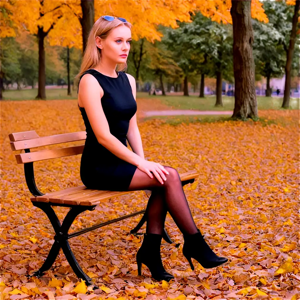 Красивая блондинка с голубыми глазами в черных чулках и мини платье сидит на скамейке вечером в осеннем парке.
Её голова повёрнута в сторону.
На картине только одна скамейка. Земля в парке усеяна опавшими листьями.
