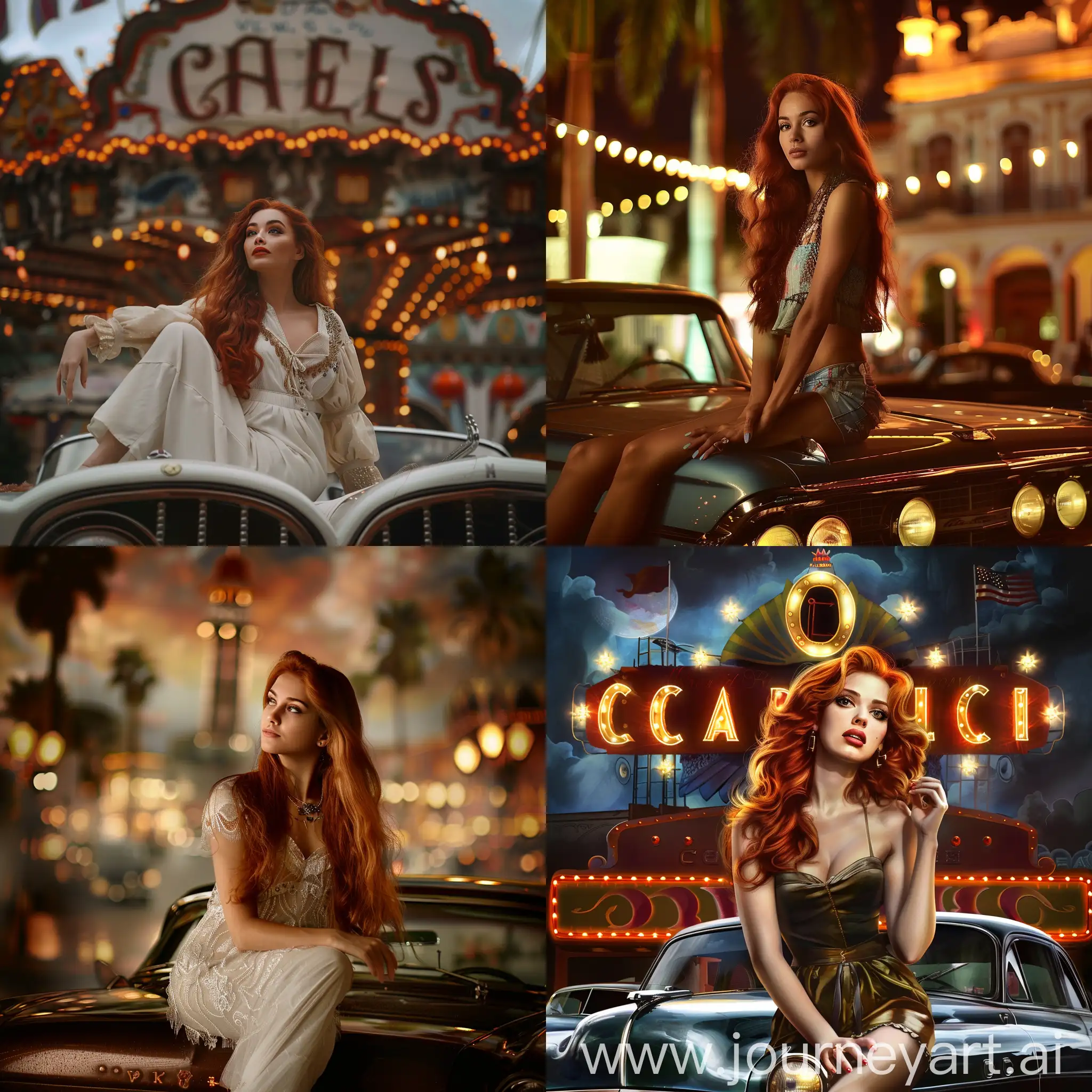 Stylish-Woman-with-Red-Hair-Posing-on-Vintage-Car-near-Carousel