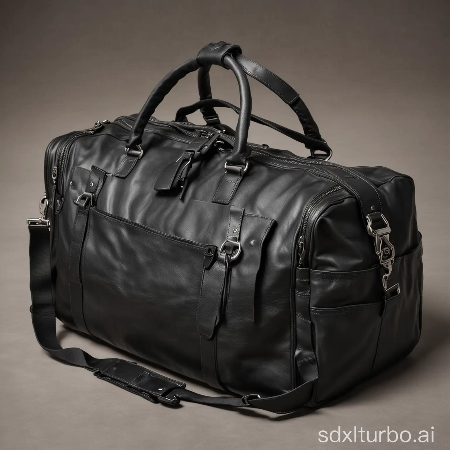 A close-up of a black, leather duffle bag. The bag is made of a durable material and has a sturdy construction. It has two large handles and a detachable shoulder strap. The bag is open and filled with travel essentials, such as clothes, toiletries, and a laptop.