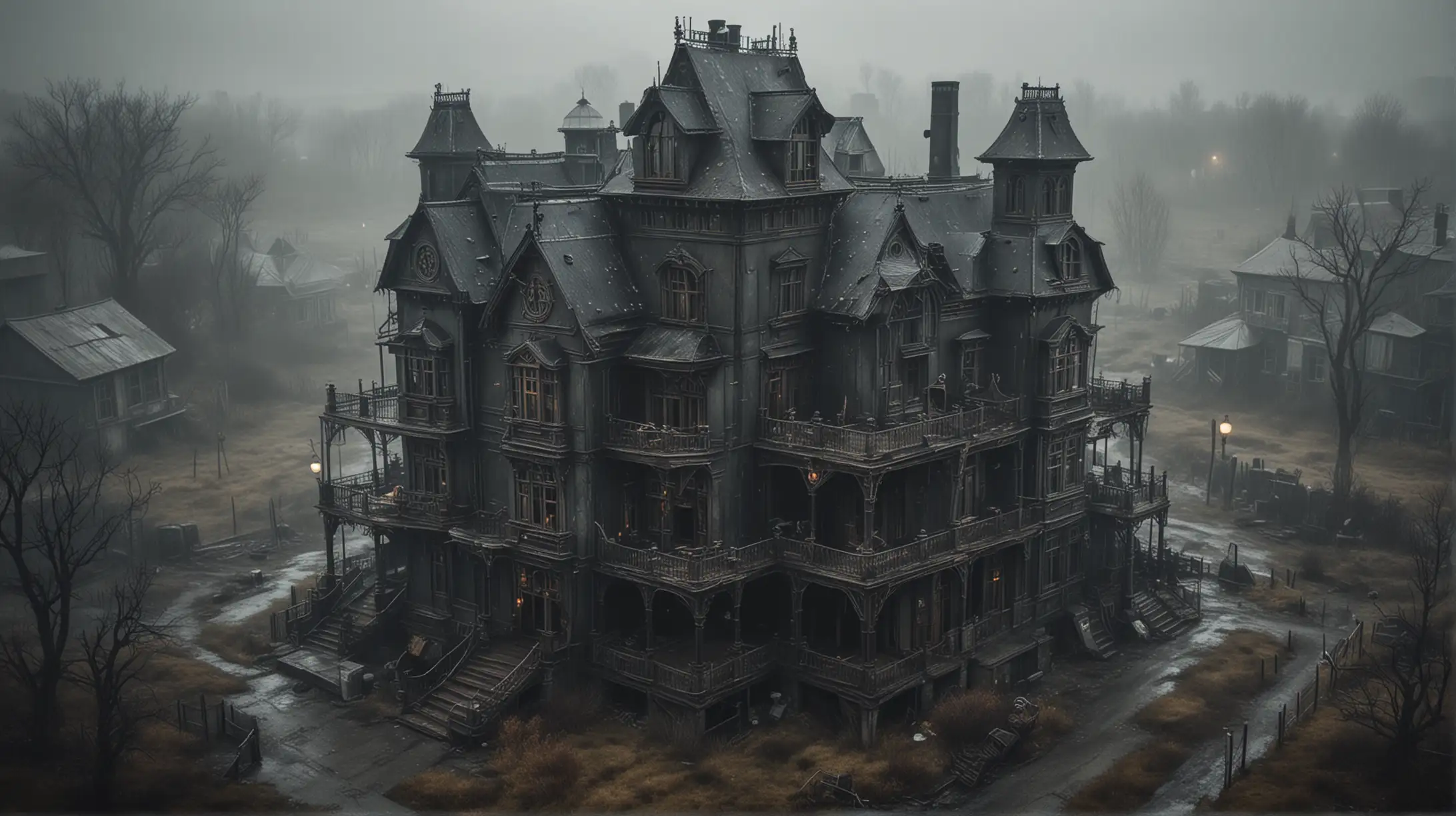 Desolate Steampunk Manor House Shrouded in Darkness Aerial View Amidst Rain and Fog