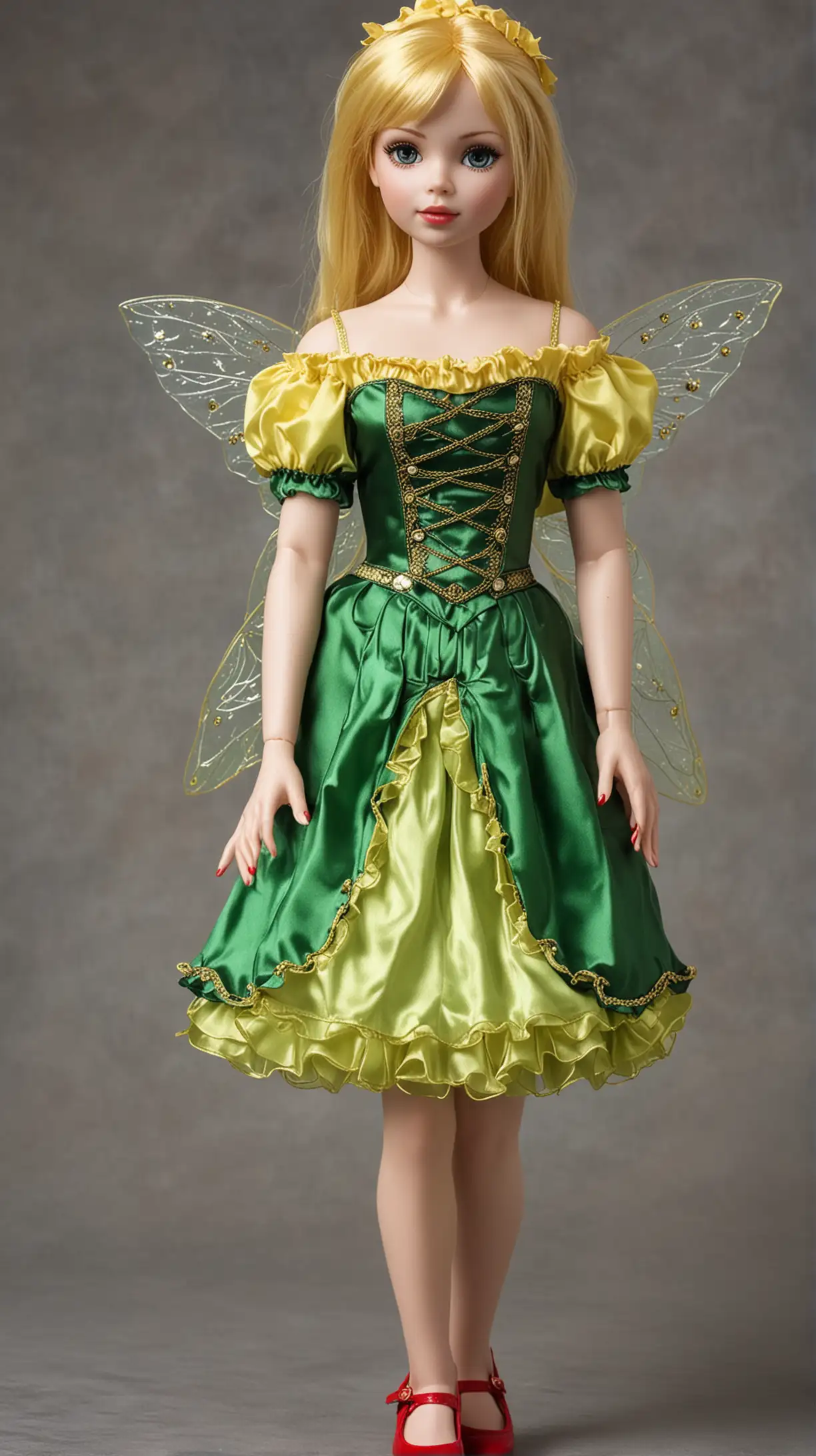 Beautiful female teenage doll, white skin, shoulder length yellow hair, wearing a green Fairy costume, red shoes,