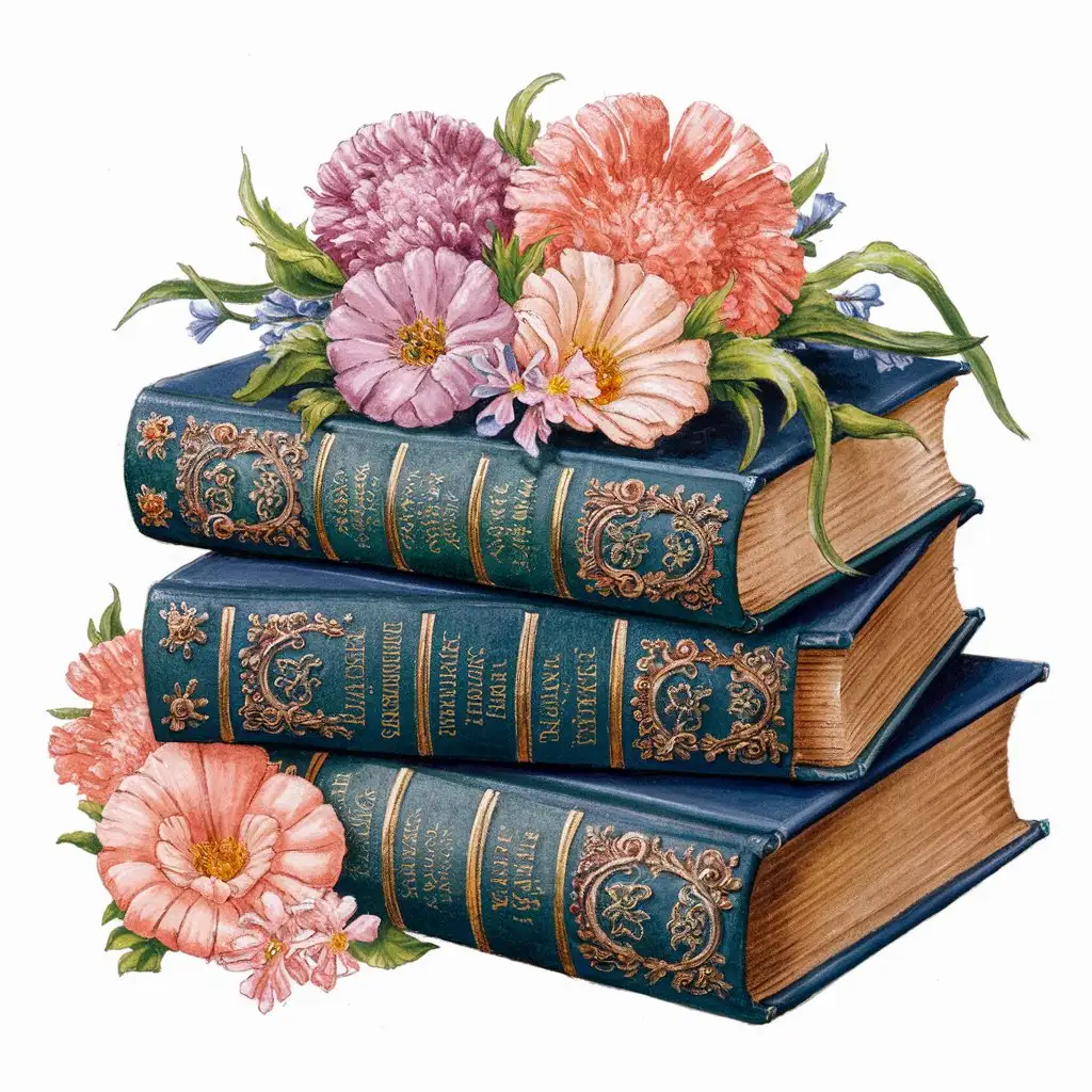 The illustration of the beautiful pastel color depicts four old, beautifully framed books stacked on top of each other. Their covers are decorated with rich decorations. At the top of the book stack are fully bloomed a variety of flowers in beautiful colors, adding whole elegance and charm. The scene exudes a classic, charm.