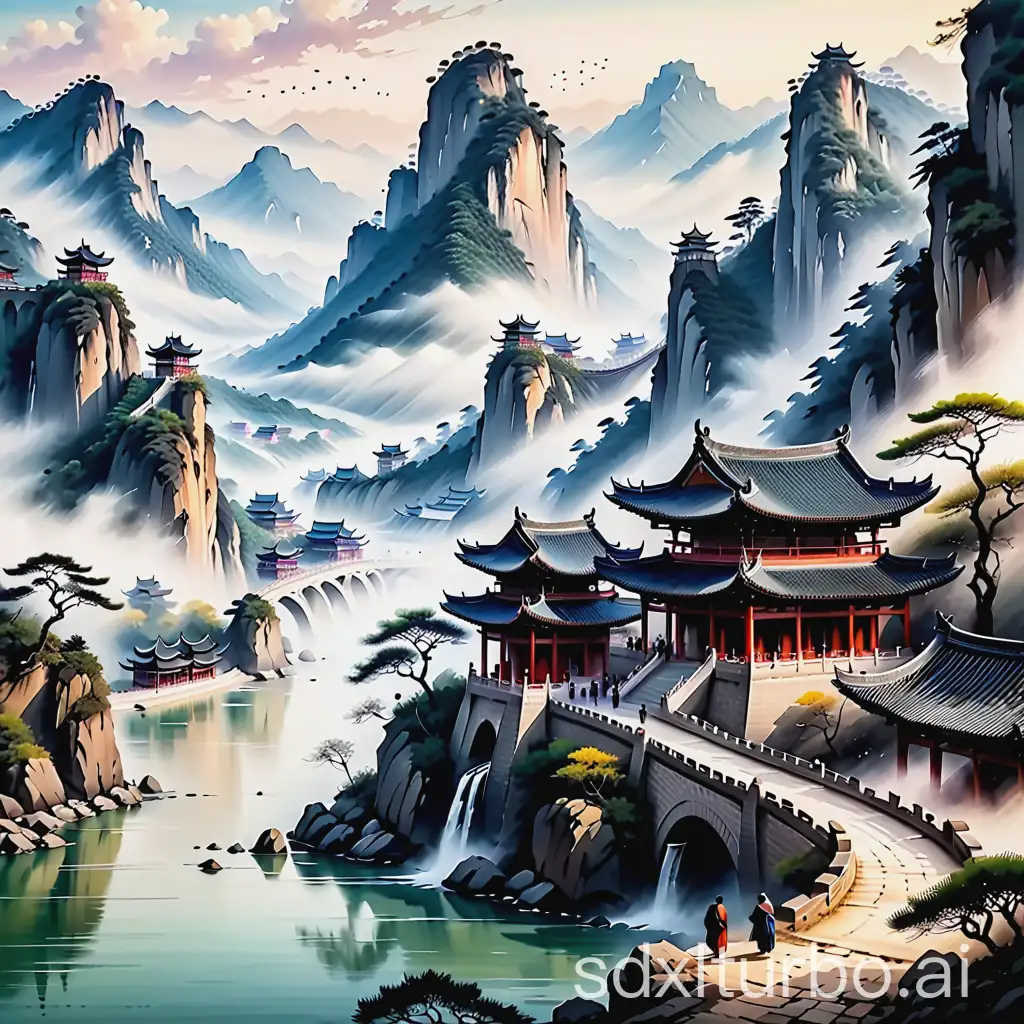 masterpiece, ink painting, Chinese landscape, mountains and river scene, ancient city walls, crowded with people, feudal architecture, hazy atmosphere, mist rising from water, traditional Chinese brush strokes, sumi-e style, monochrome