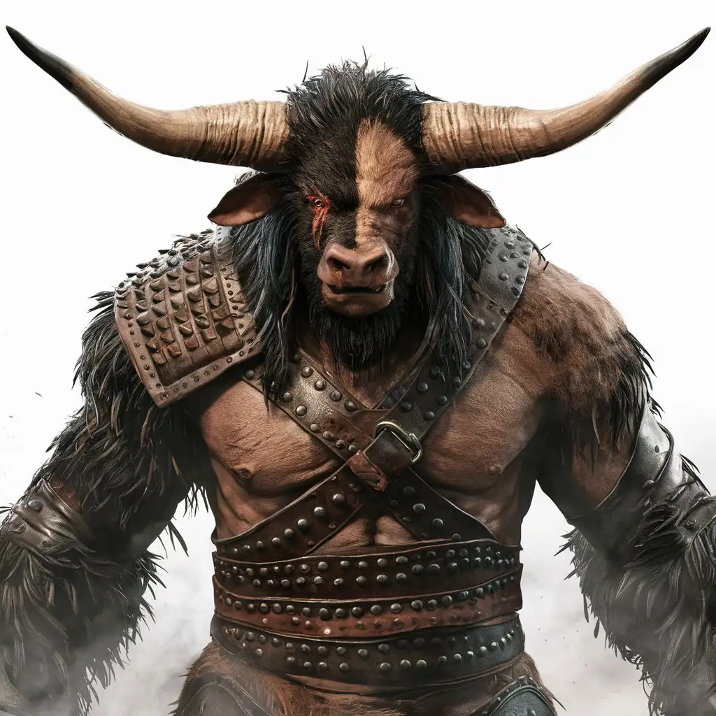 A Minatour with long horns that shoot straight forward out from the sides of its head wearing studded leather armor with a scar over its right eye. It has black and brown hair covering its body