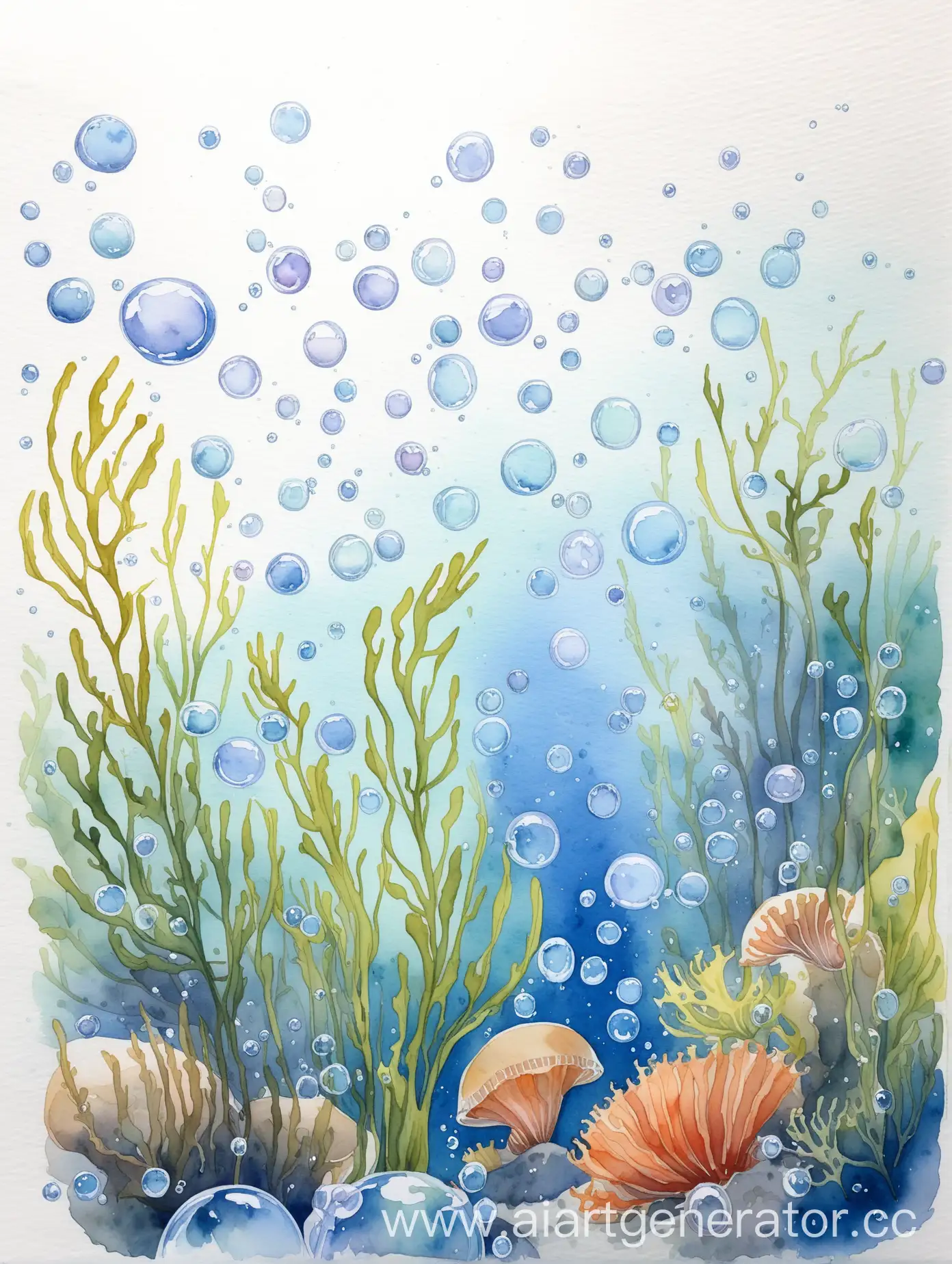 рисунок в акварелью, много водорослей, пузыри, акварельные рисунки