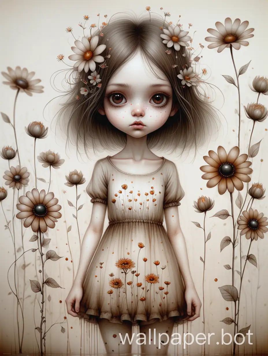 cute girl in full body, detailed focused brown eyes, clear skin, detailed drawing, Ralph Steadman style, sharp focus, cinematography, clarity, 4K, transparent delicate flowers surrealism, charm and admiration, Nicoletta Ceccoli style, Ralph Steadman style, painting, double exposure, work of art in the style of Huweitz
