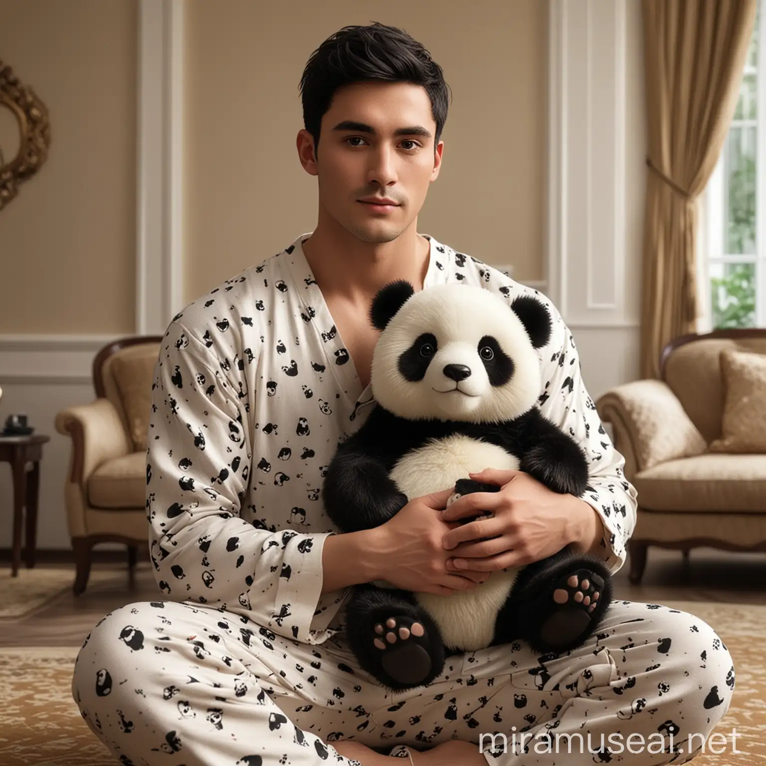 Stylish Young Man in Panda Pajamas with Plush Companion