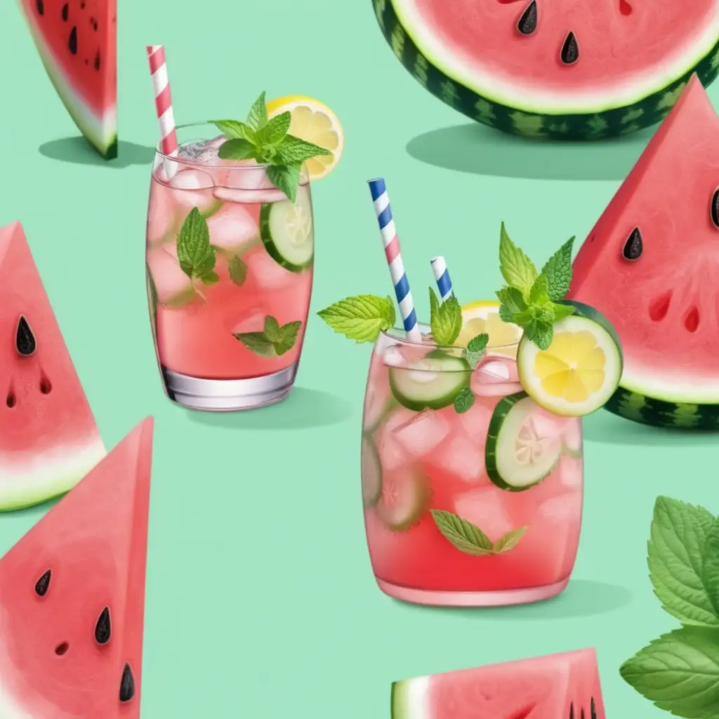 Refreshing Cucumber Mint and Watermelon Drink with Lemon Slice