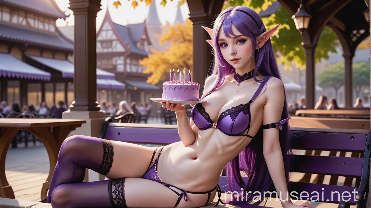princess, magnificent body, long purple hair, porcelain skin, purple eyes, elf ears, purple and black erotic lingerie, air, medium-sized breasts, full body), she is eating cake on a bench in the warm sunlight