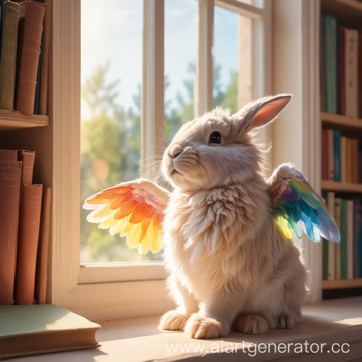 Cute-RainbowColored-Rabbit-with-Wings-in-Pastel-Library-Scene