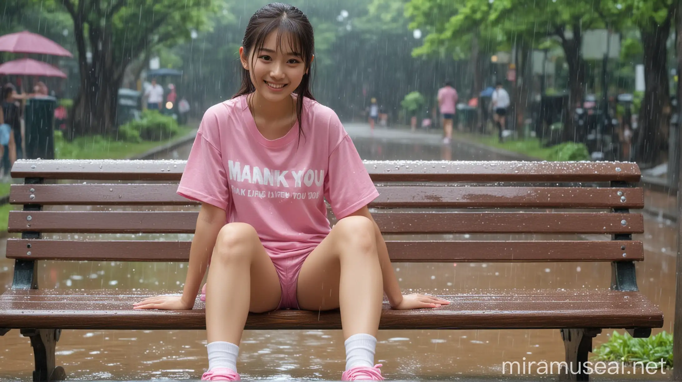 Smiling Japanese Girl in Rainy Park Bench Scene with Pink Outfit