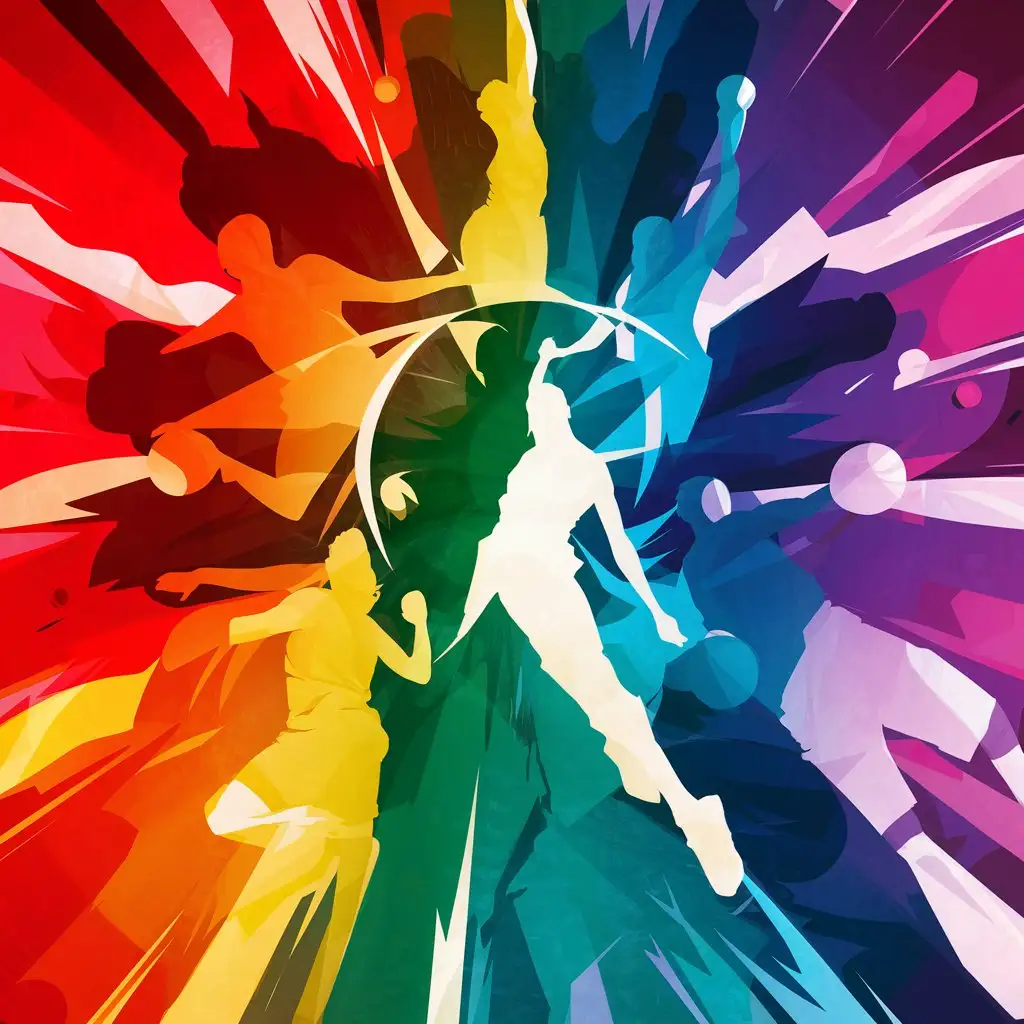  wnba abstract design, featuring hues of fiery reds, electric blues, vibrant yellows, and powerful purples, silhouettes of female basketball players,  design smaller than Aspect Ratio to fit in frame