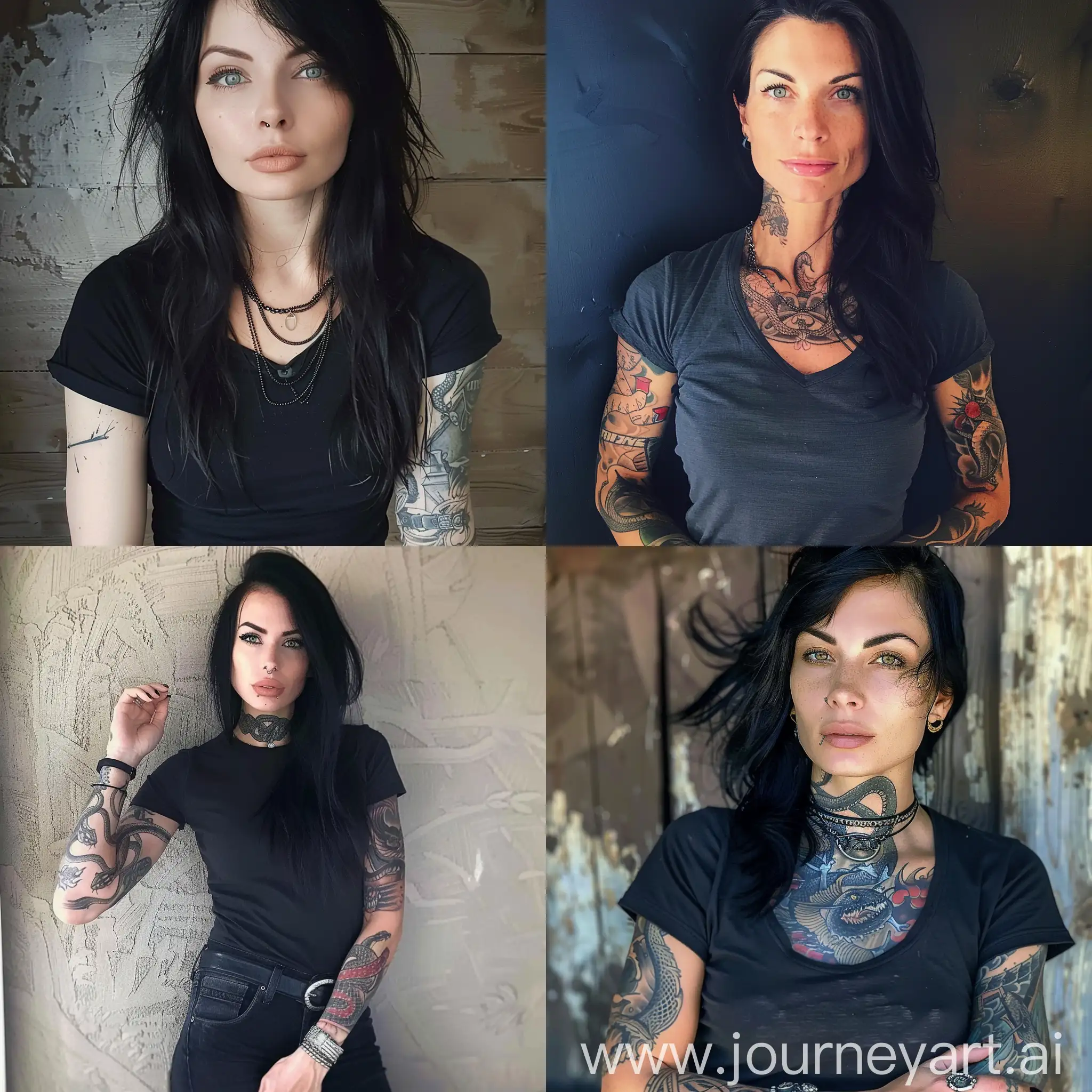 Muscular-Woman-with-Snake-Tattoo-and-Green-Eyes-in-Black-Jeans-and-TShirt