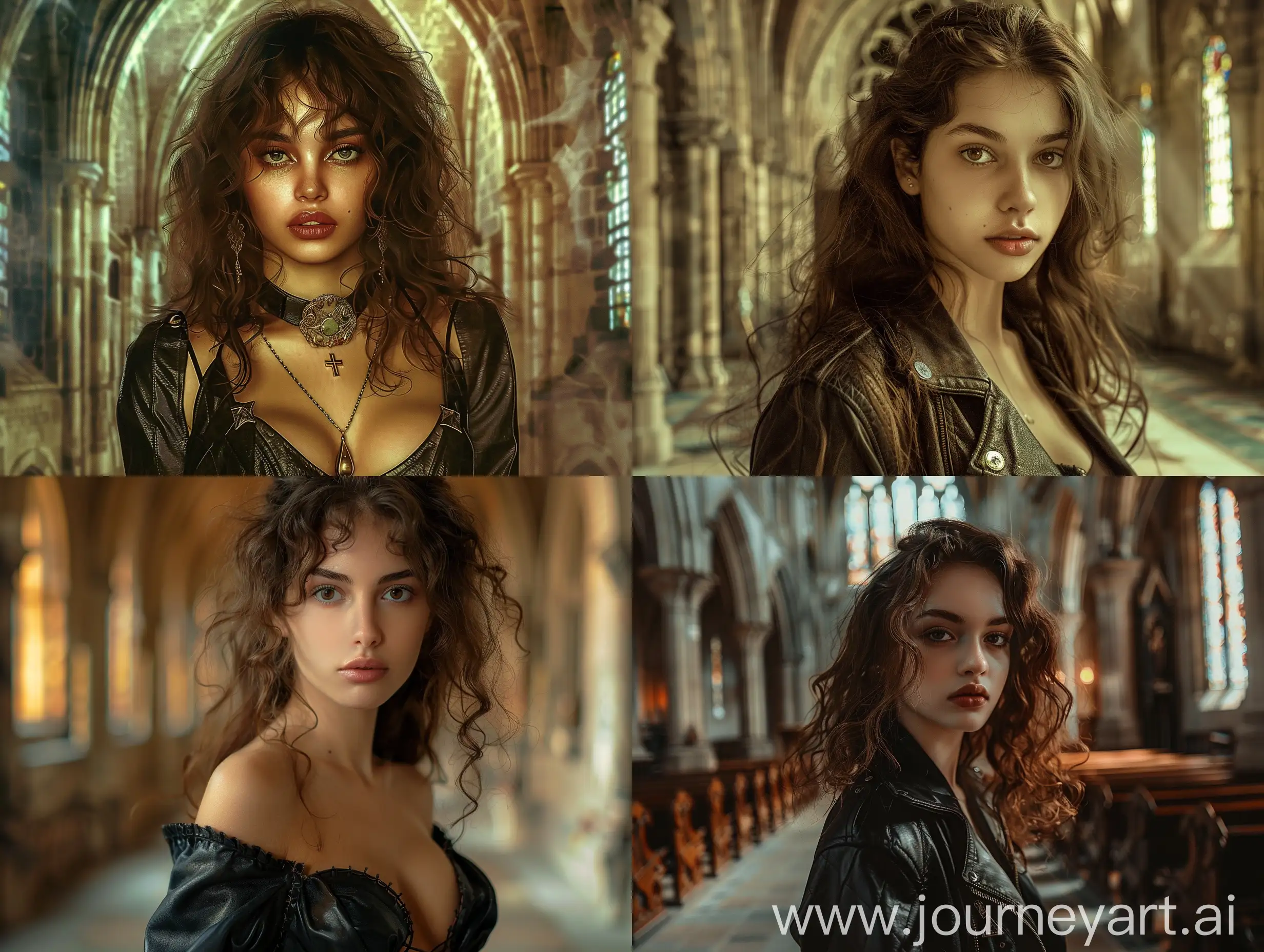 CurlyHaired-Girl-in-Leather-Clothing-in-Antique-Cathedral-Setting
