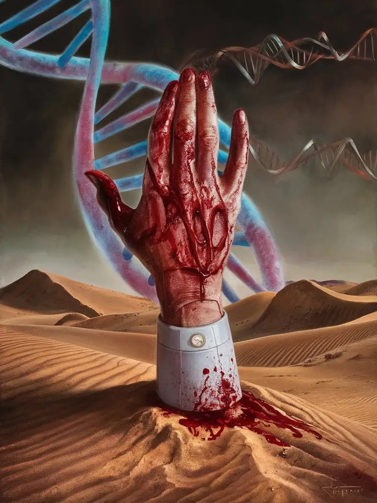 an oil painting of an egyptian bloody hand coming out of desert sands posing as an alien and as a sign of resistance and victory  with a DNA molecule in the background