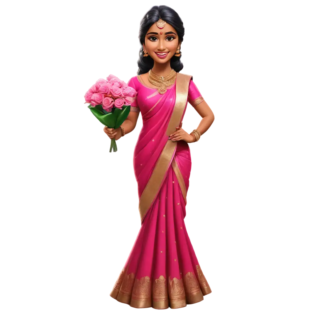 caricature disney tamil bride with PINK saree make her facing the front with no teeth showing and holding a bouqet of flowers 