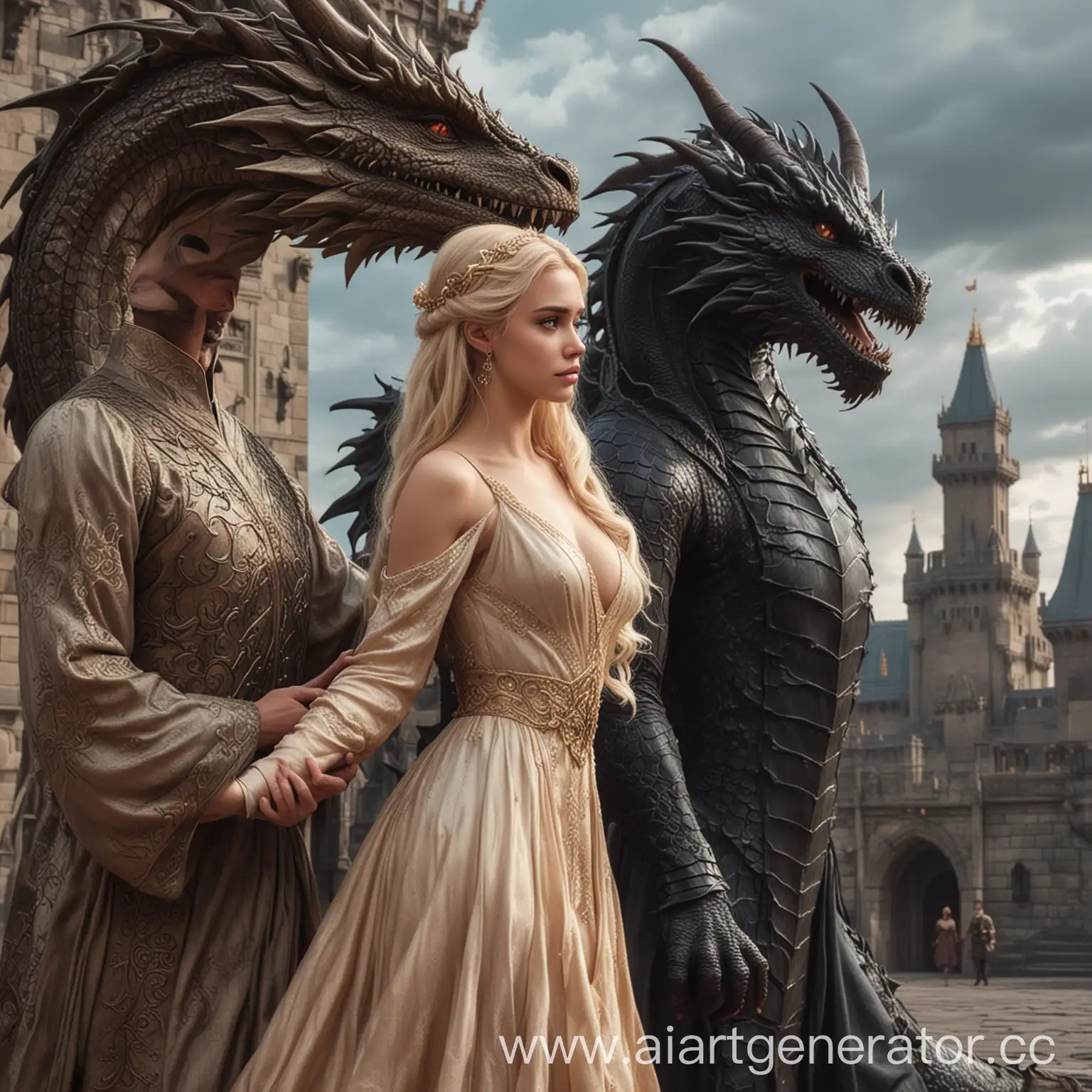 A beautiful blonde princess in a long dress is hugged by a brutal dark-haired man, with a dragon palace in the background