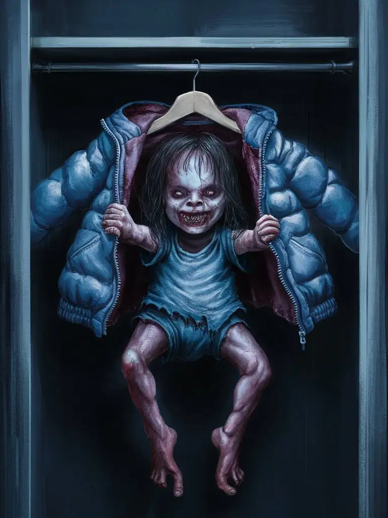 
A jacket hanging in a closet, and from this jacket emerges a terrifying child
