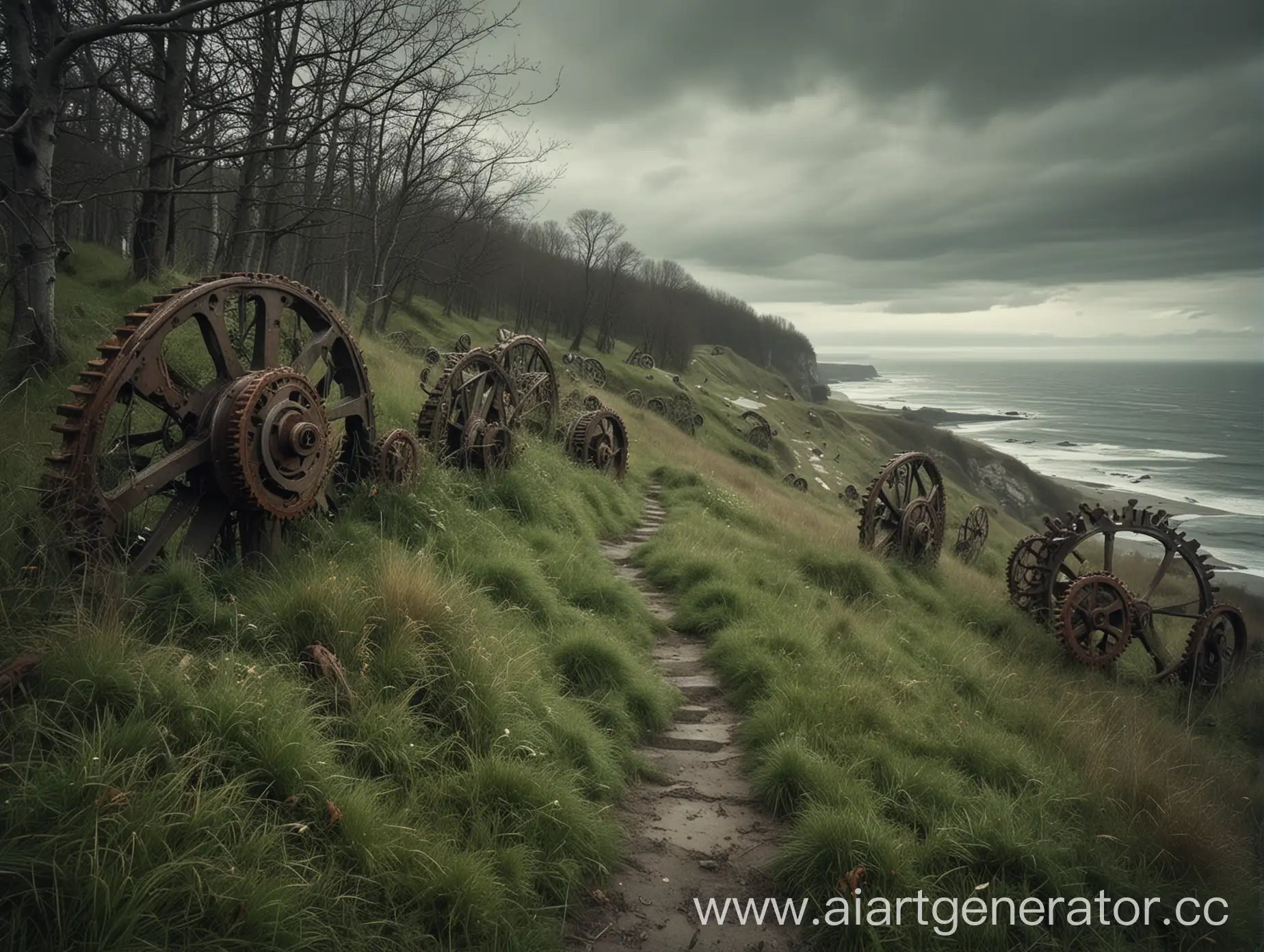 Melancholic-Landscape-with-Distant-Gears-Amidst-Seaside-Trees