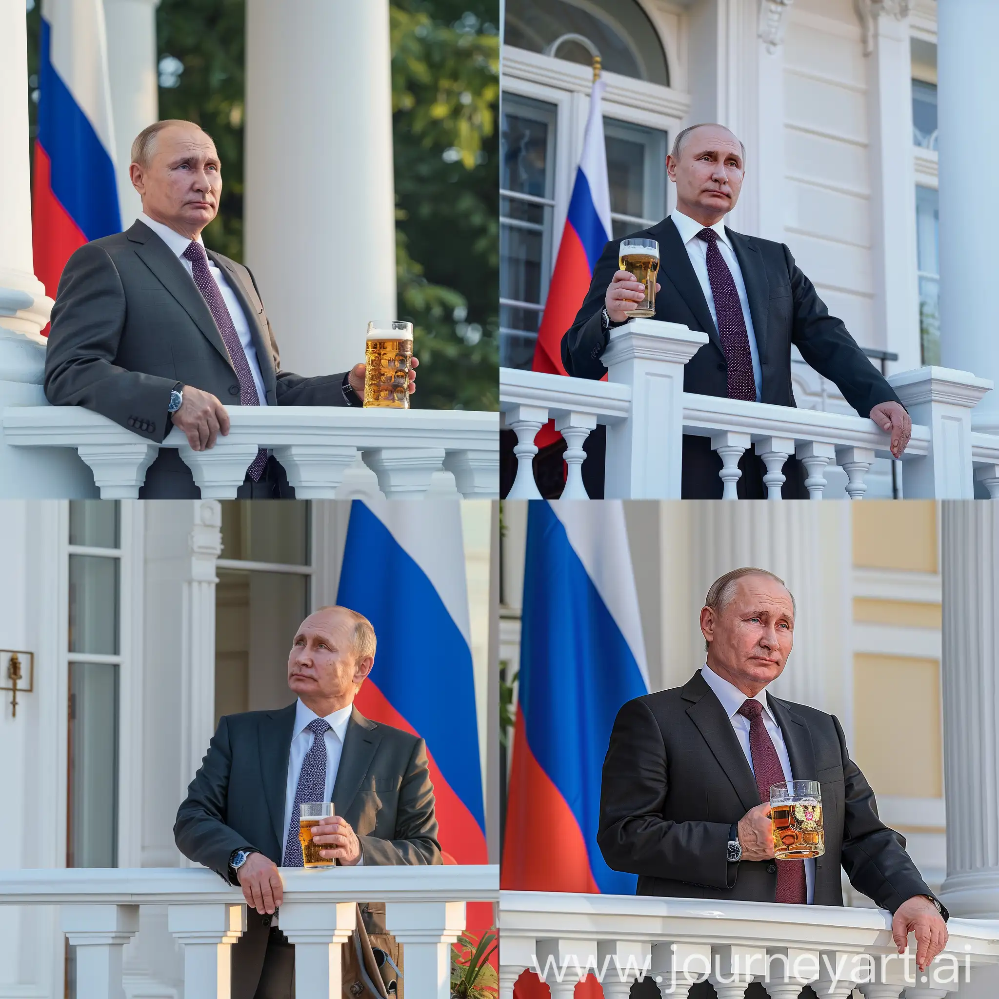 Владимир Путин стоит на балконе своего белого особняка, в деловом костюме, в руке бокал с пивом, 8к, задний фон флаг россии, супер детализация, острый фокус, летнее время года, профессиональное освещение, крупный план, время суток рассвет, HDR