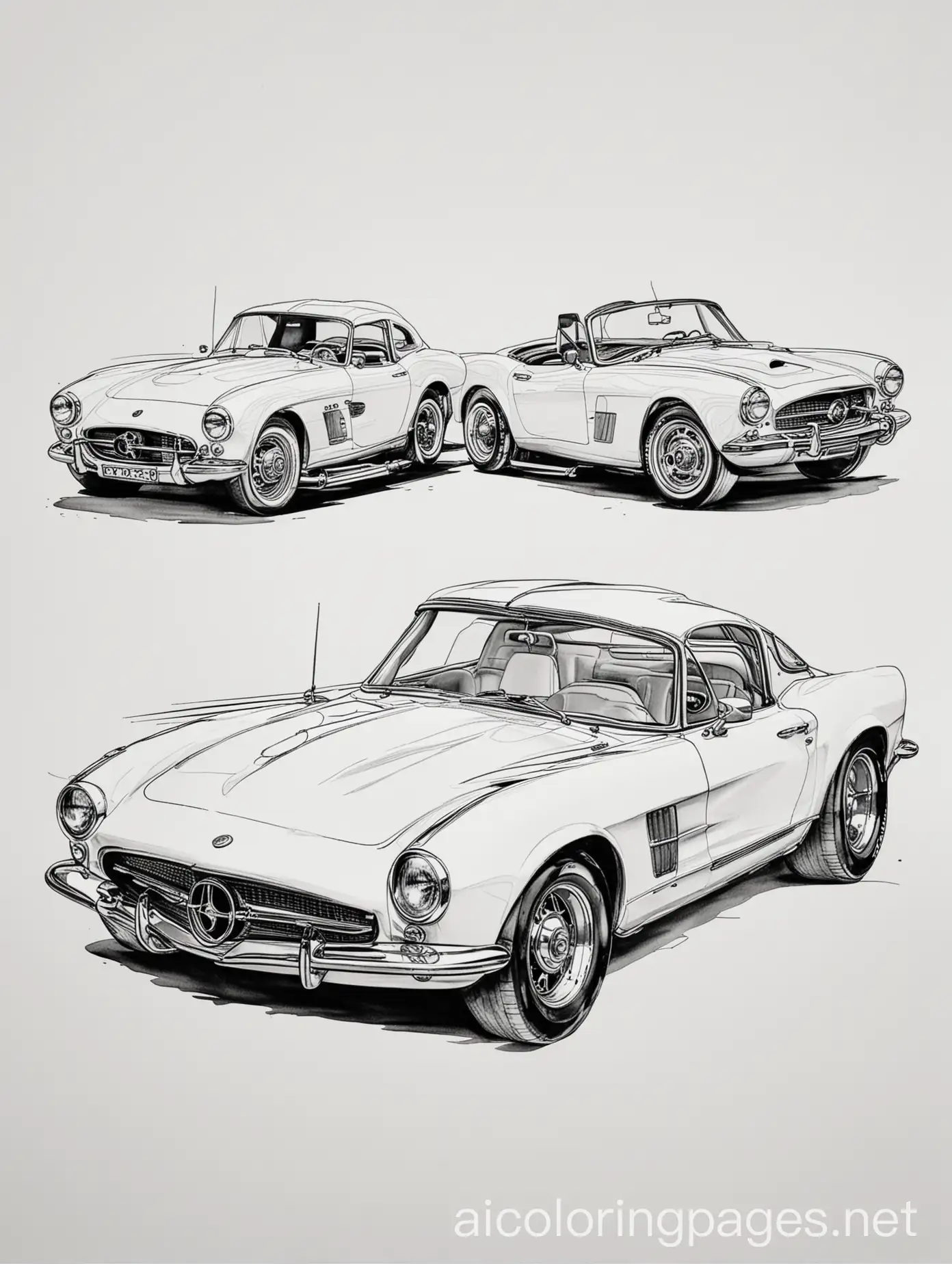 Cars, Coloring Page, black and white, line art, white background, Simplicity, Ample White Space. The background of the coloring page is plain white to make it easy for young children to color within the lines. The outlines of all the subjects are easy to distinguish, making it simple for kids to color without too much difficulty