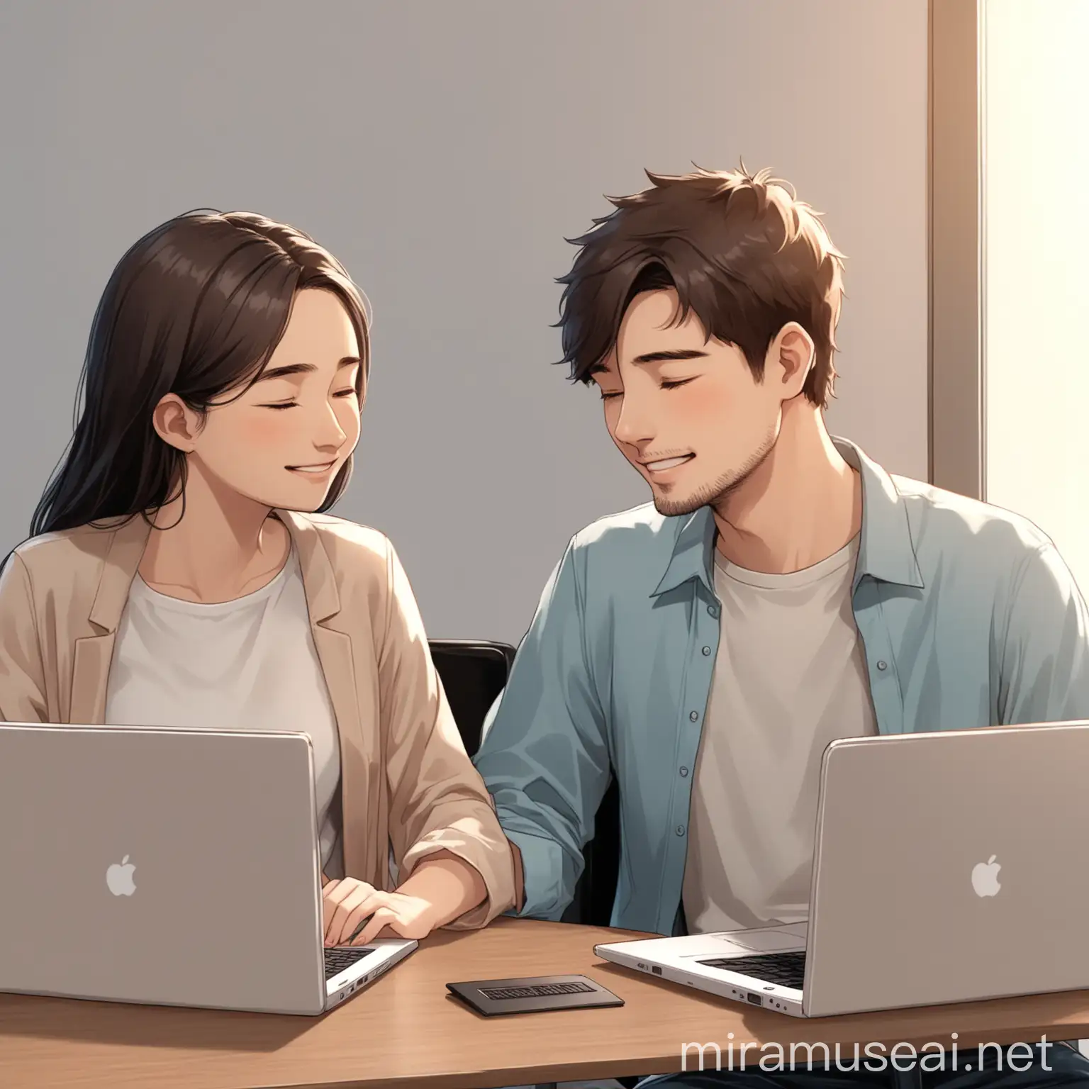 couple doing their own office work on different laptops and sharing a cute moment together , only two people strictly