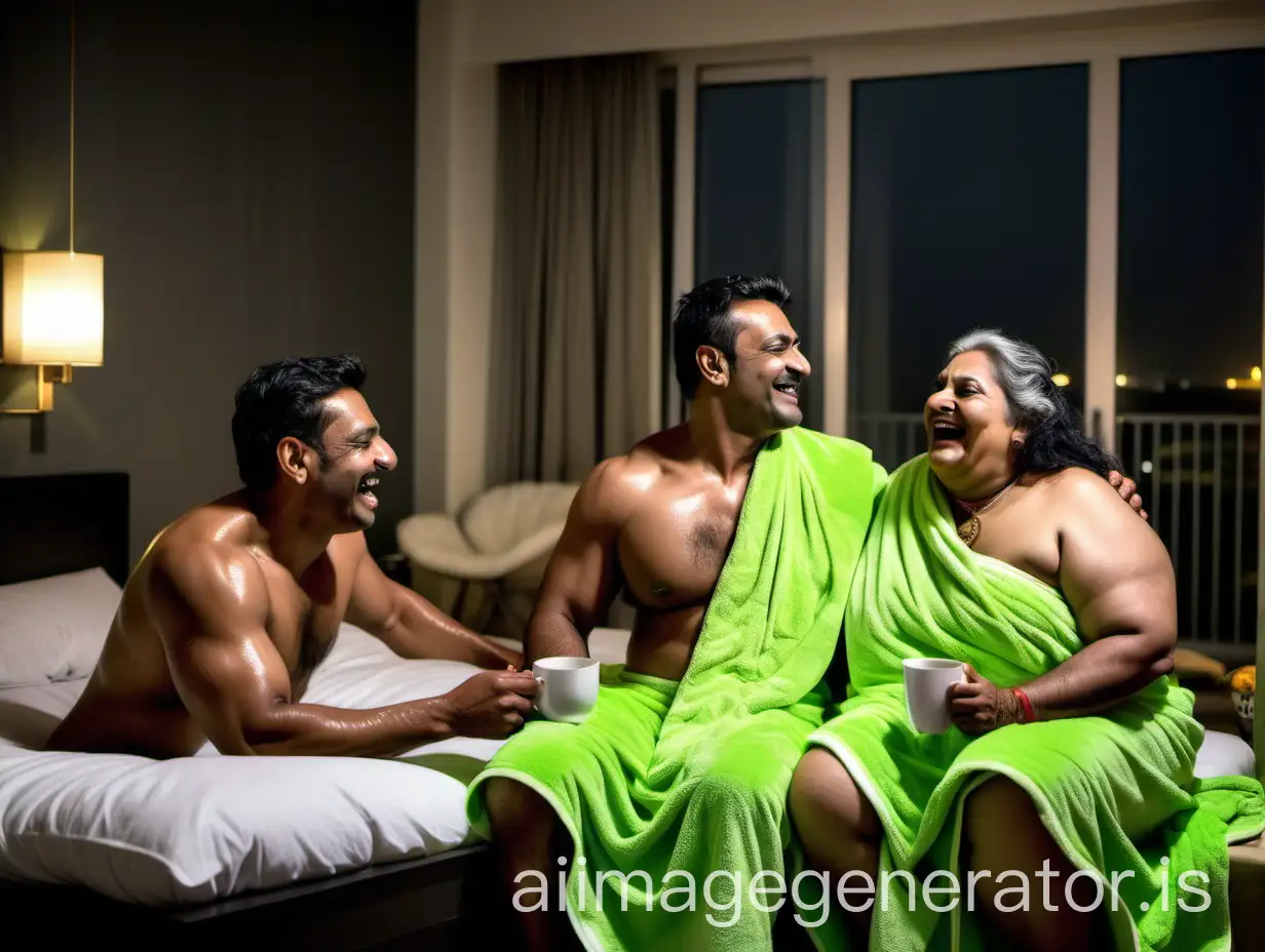 Joyful-Indian-Couple-in-Neon-Green-Bath-Towels-with-Dog-in-Luxurious-Bedroom-at-Night